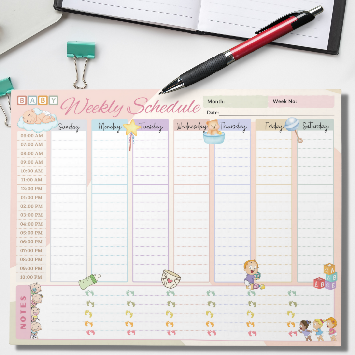 Notepad (Large) | Baby Weekly Schedule Planner Multicolored Themed