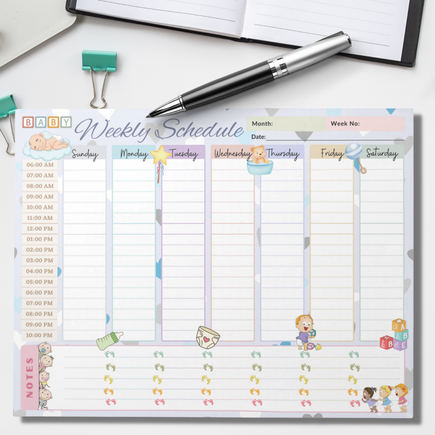 Notepad (Large) | Baby Weekly Schedule Planner Pastel Blue Themed