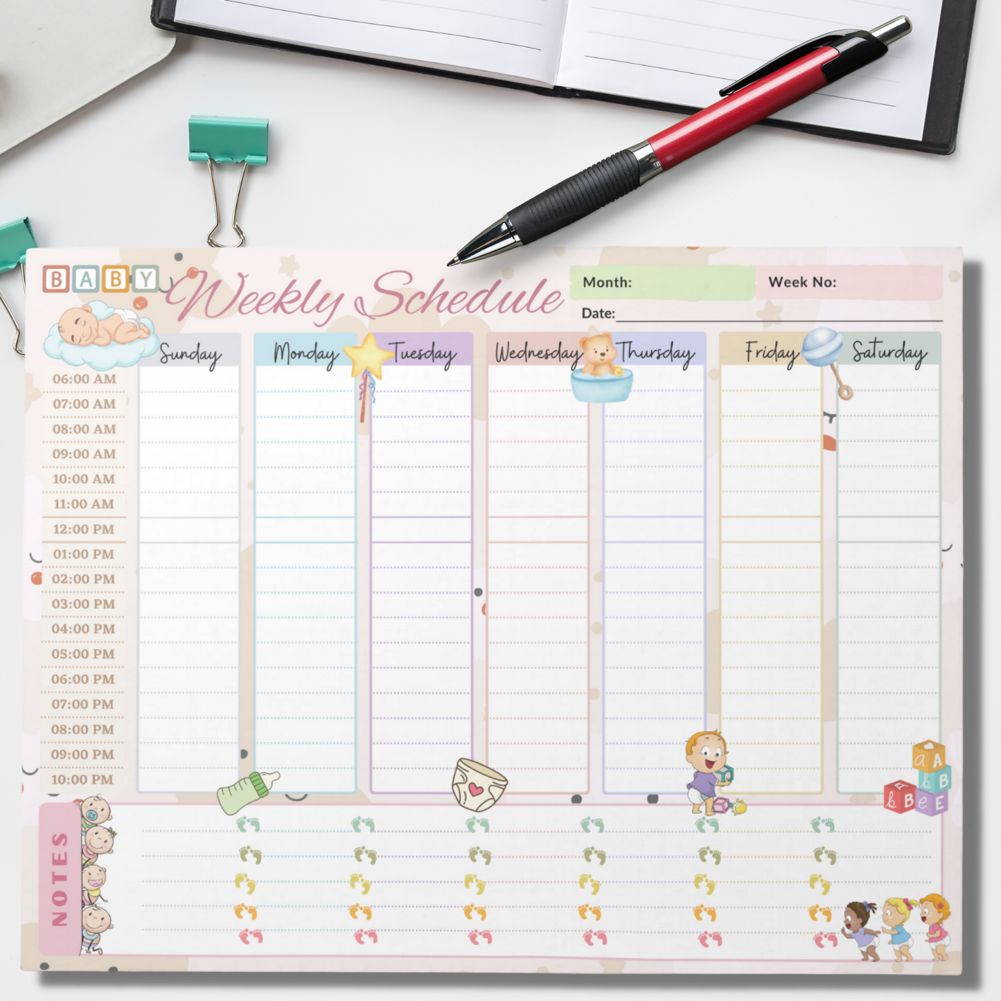 Notepad (Large) | Baby Weekly Schedule Planner Pastel Light Pink
