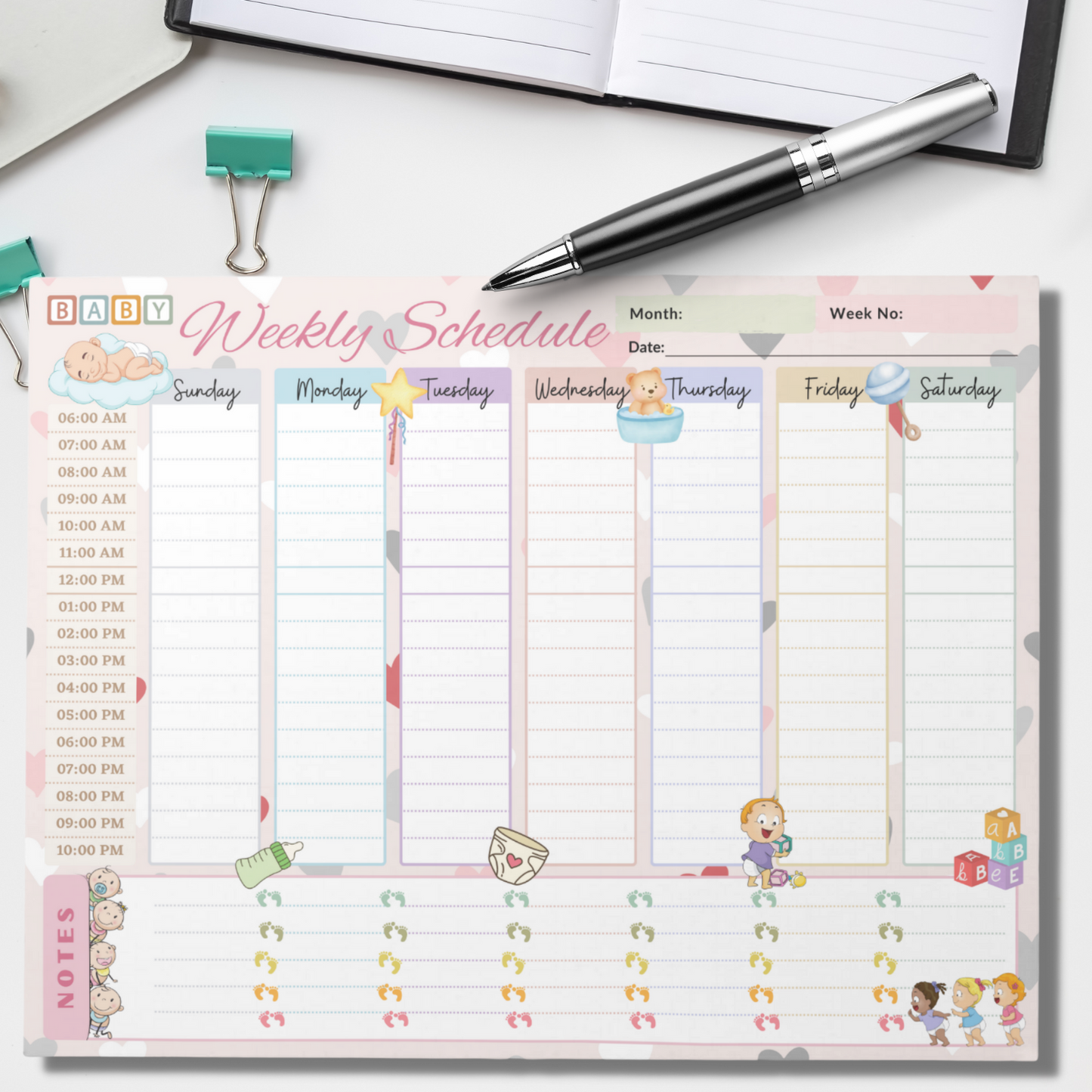 Notepad (Large) | Baby Weekly Schedule Planner Pastel Pink Themed