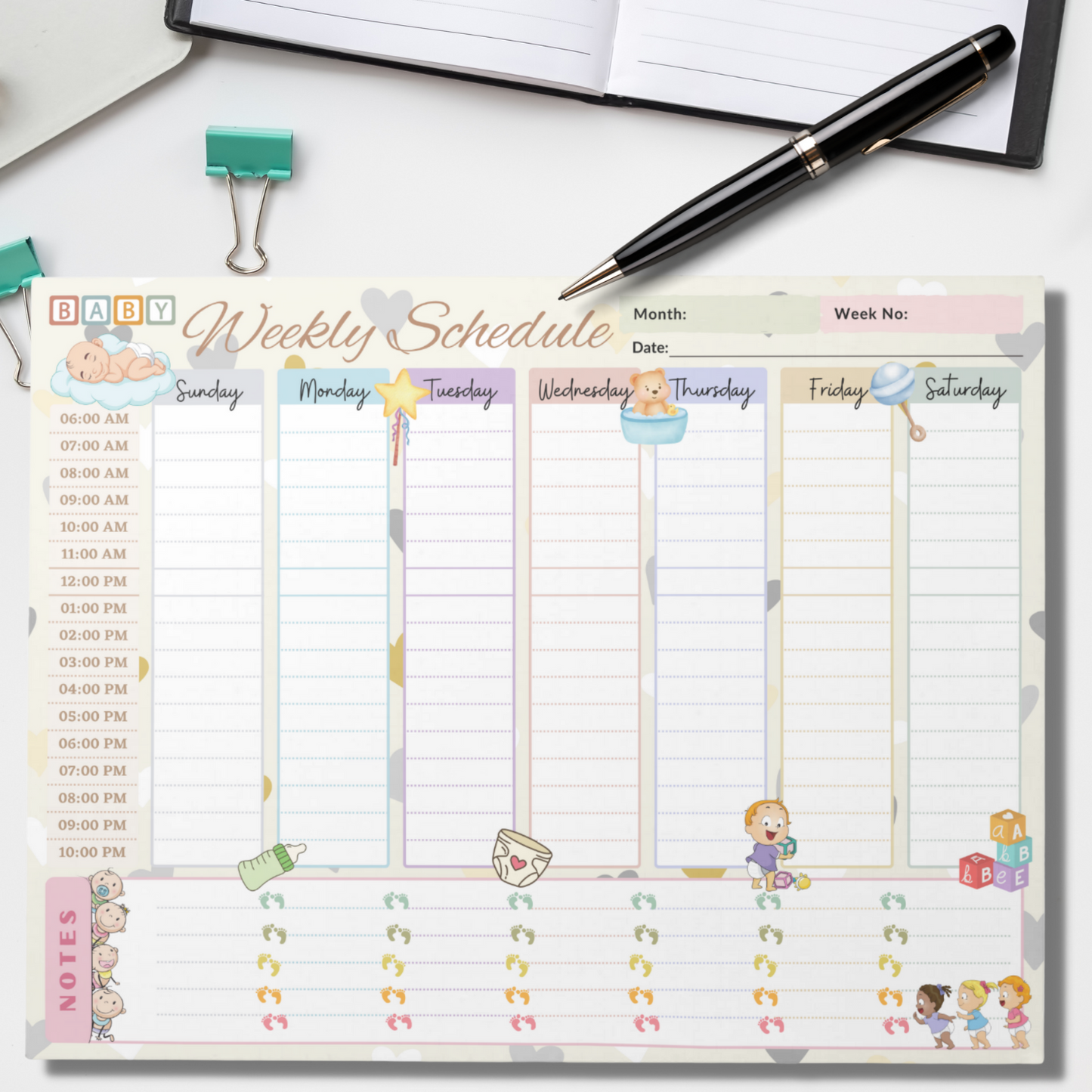 Notepad (Large) | Baby Weekly Schedule Planner Pastel Yellow Themed