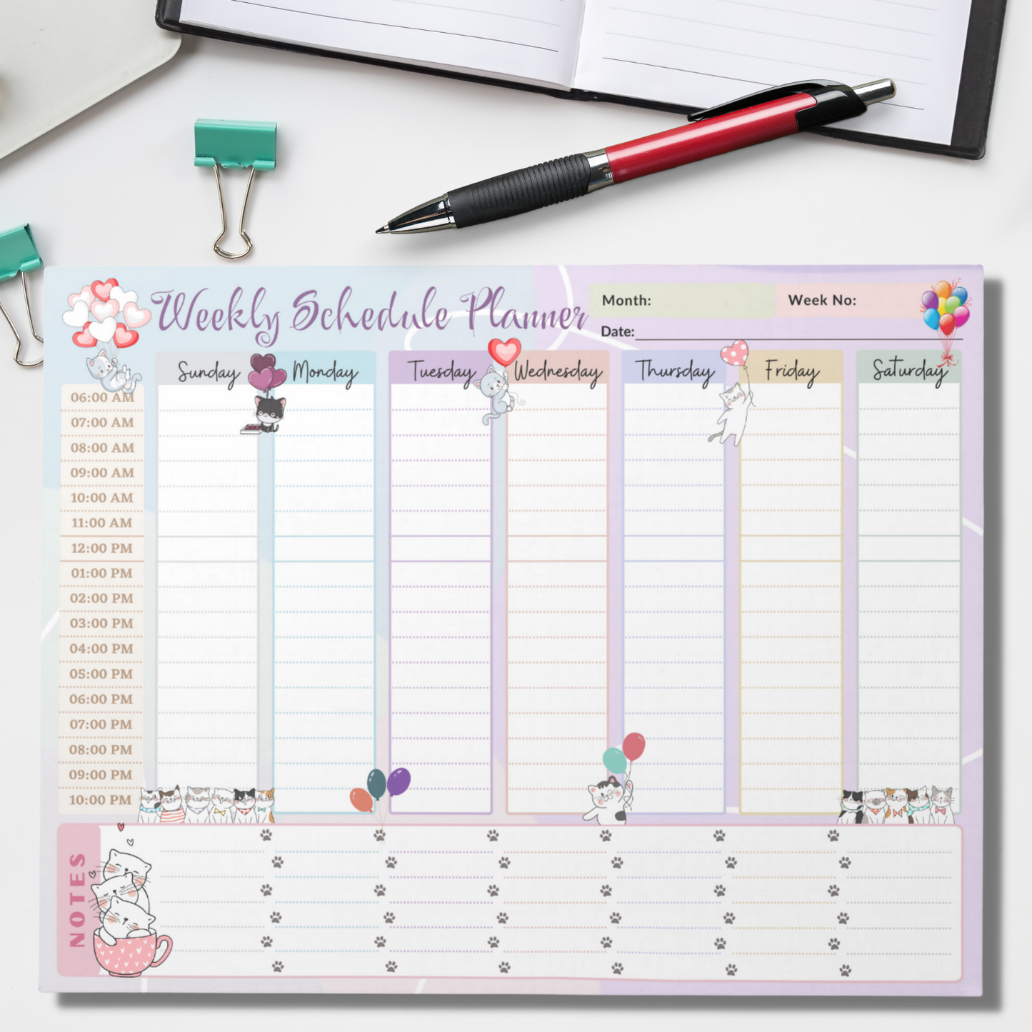 Notepad (Large) | Weekly Schedule Planner Cute Cat Balloon