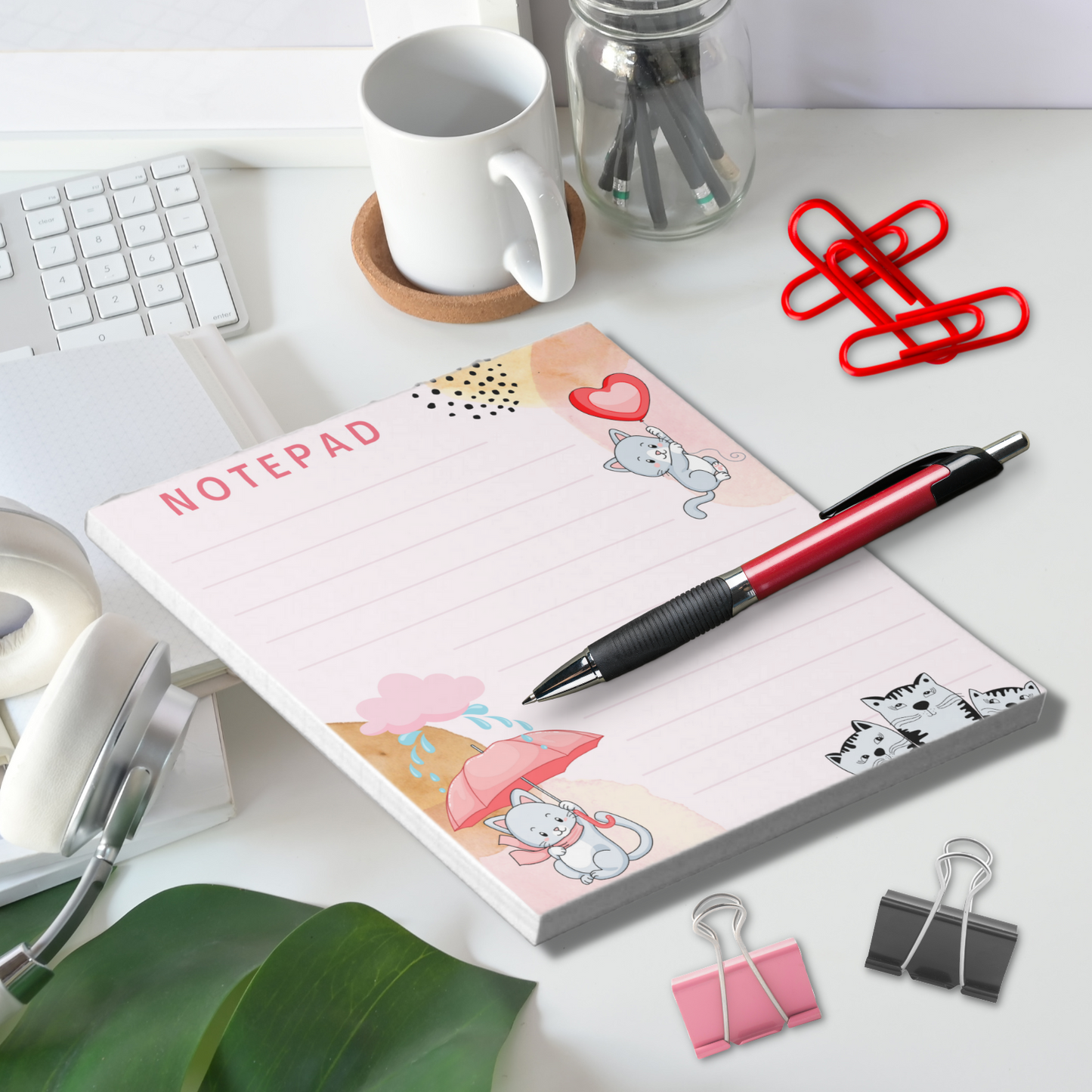 Notepad (Small) | Cute Cats Umbrella Balloon Pink Themed