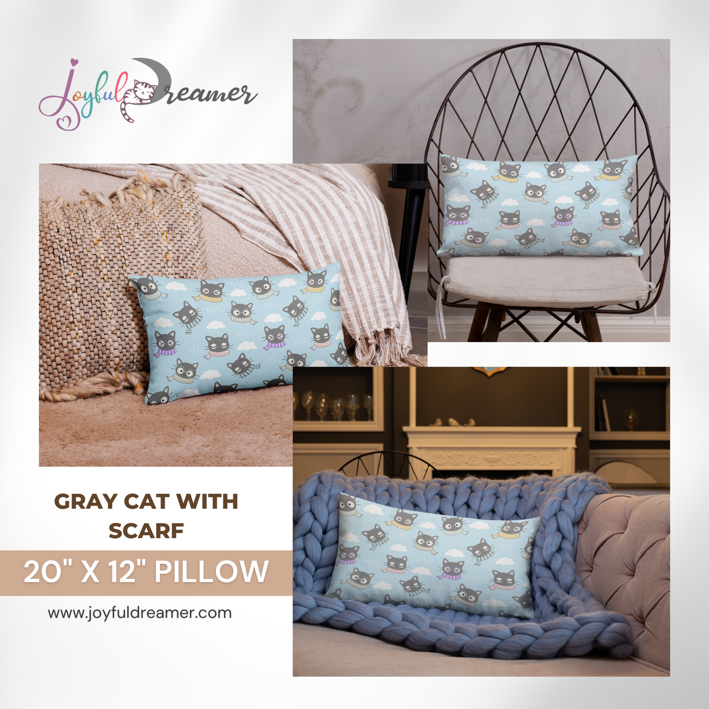 Premium Pillow | 18″×18″, 20″×12″, 22″×22″ | Gray Cat with Scarf in the Cloud