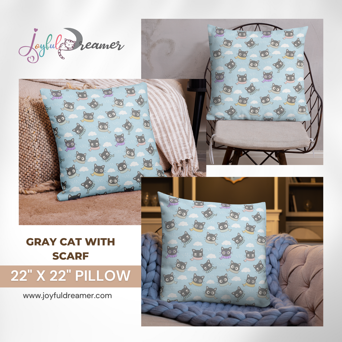 Premium Pillow | 18″×18″, 20″×12″, 22″×22″ | Gray Cat with Scarf in the Cloud