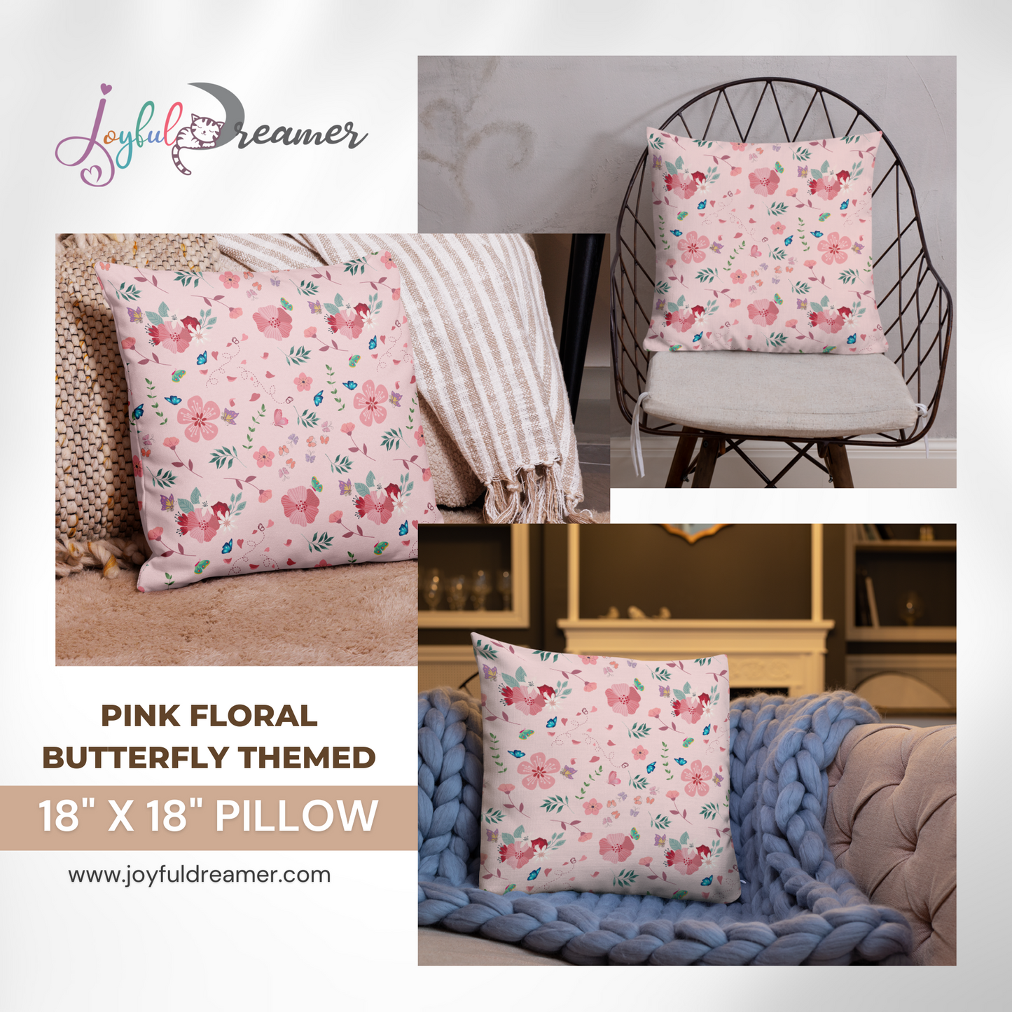 Premium Pillow | 18″×18″, 20″×12″, 22″×22″ | Pink Floral Butterfly Themed