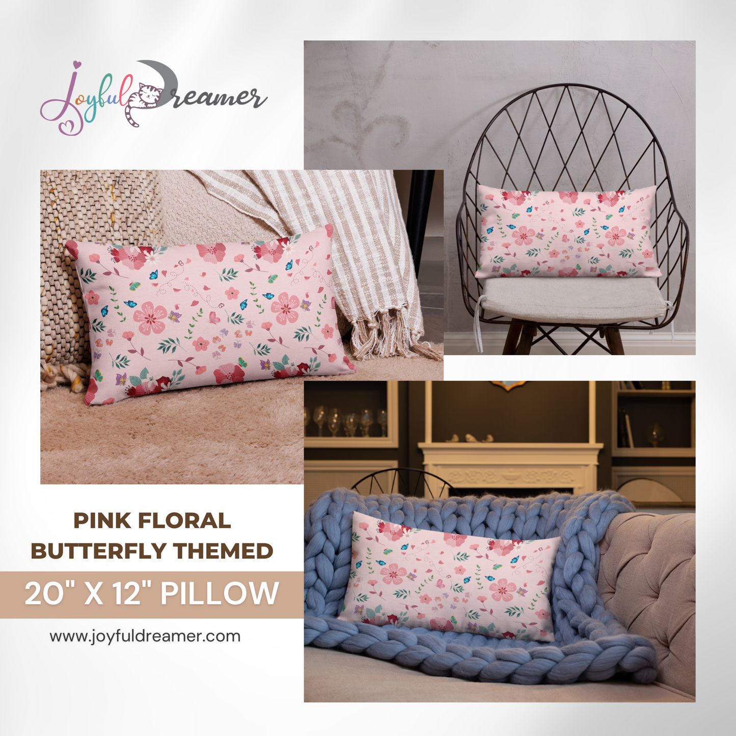 Premium Pillow | 18″×18″, 20″×12″, 22″×22″ | Pink Floral Butterfly Themed