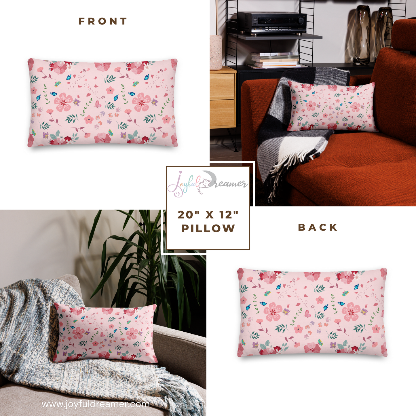 Premium Pillow | 18″×18″, 20″×12″, 22″×22″ | Pink Floral Butterfly Themed