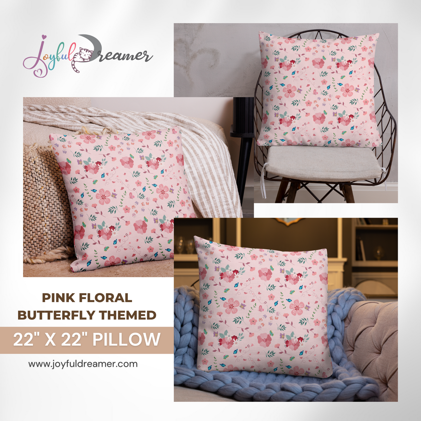 Premium Pillow | 18″×18″, 20″×12″, 22″×22″ | Pink Floral Butterfly Themed