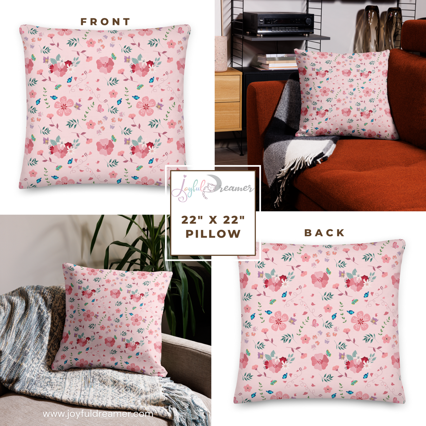 Premium Pillow | 18″×18″, 20″×12″, 22″×22″ | Pink Floral Butterfly Themed