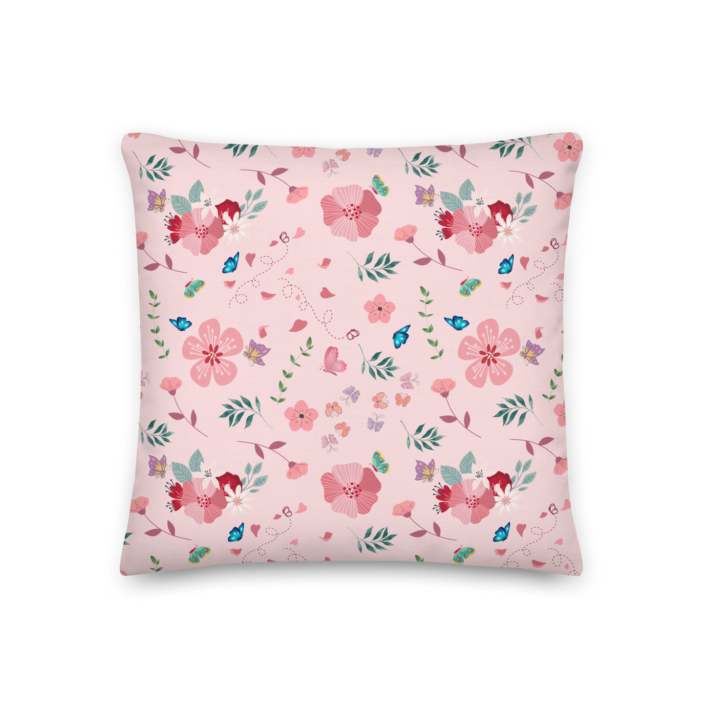 Premium Pillow | 18″×18″, 20″×12″, 22″×22″ | Pink Floral Butterfly Themed