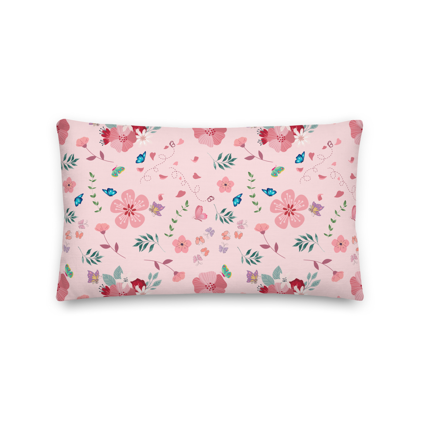 Premium Pillow | 18″×18″, 20″×12″, 22″×22″ | Pink Floral Butterfly Themed