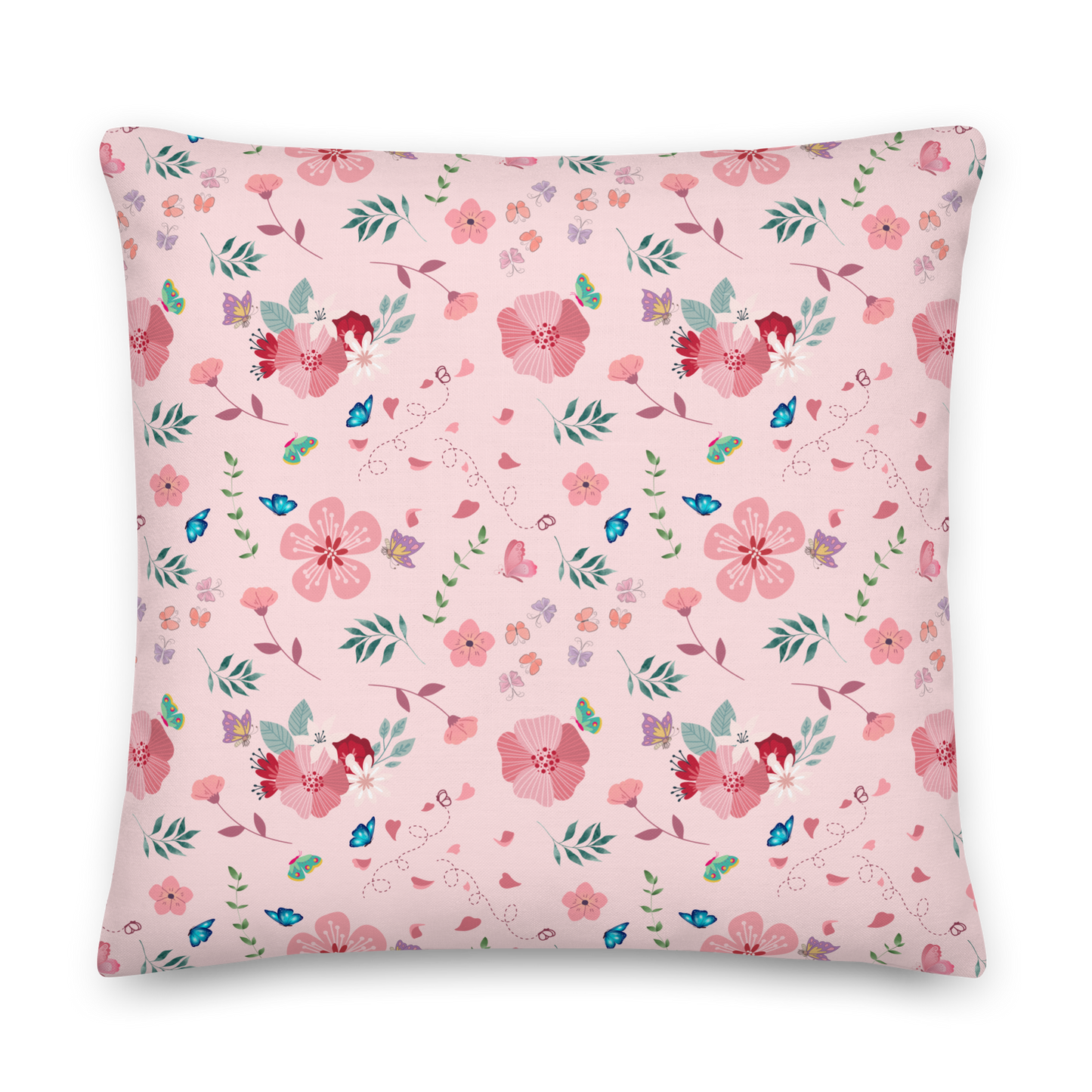 Premium Pillow | 18″×18″, 20″×12″, 22″×22″ | Pink Floral Butterfly Themed