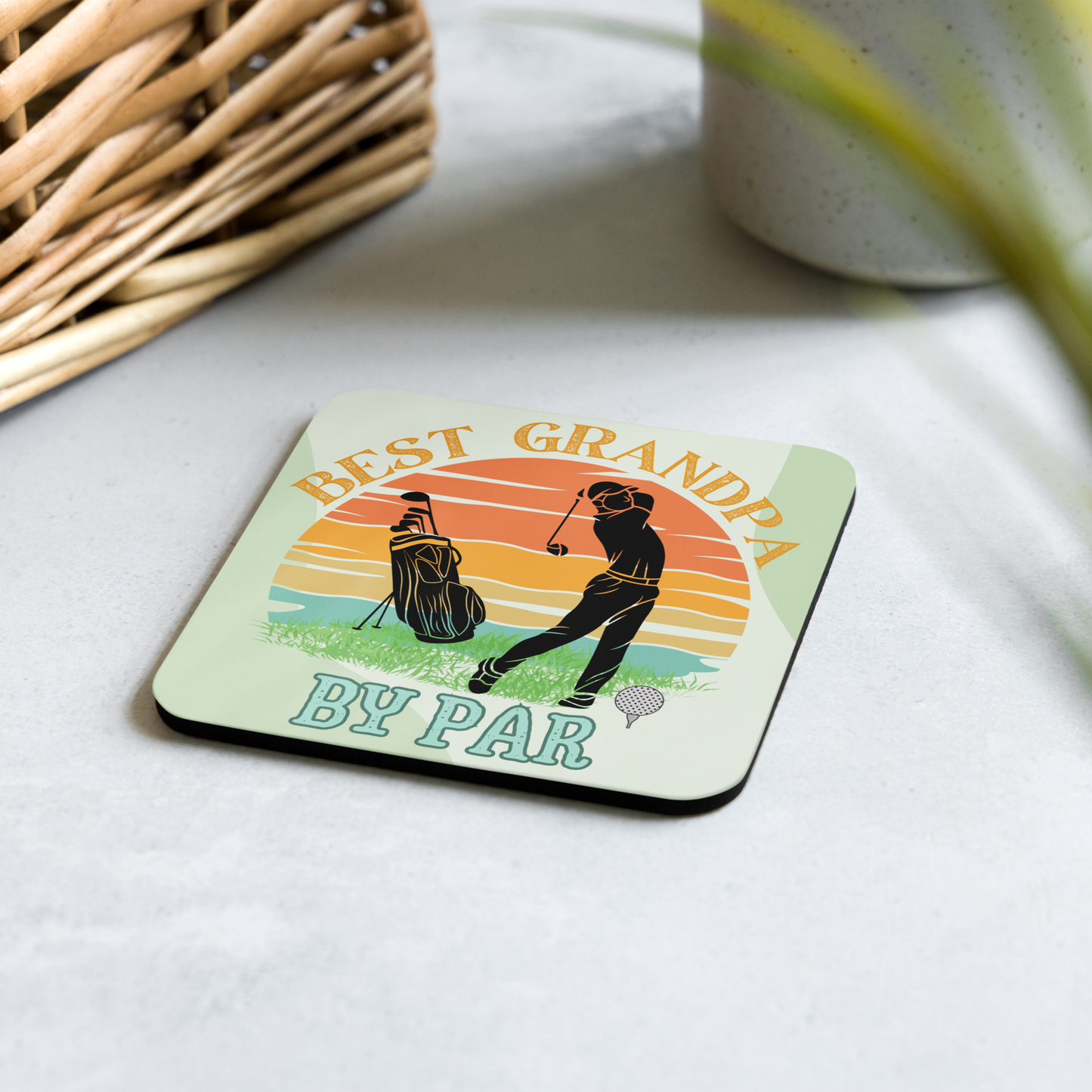 Cork-back coaster | Best Grandpa By Par Golf Sunset Themed