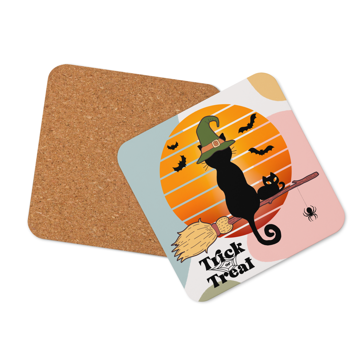 Cork-back coaster | Trick or Treat Black Cat Wearing Green Hat