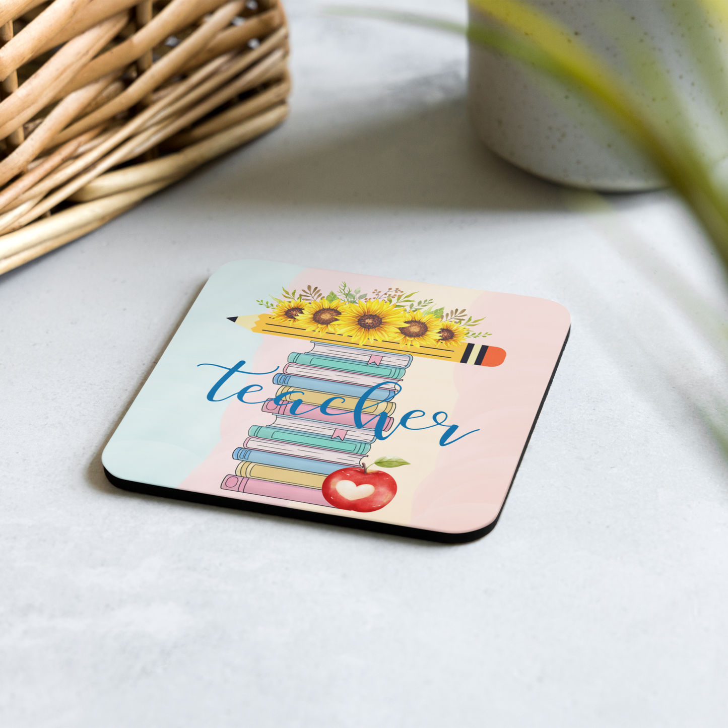 Cork-back coaster | T is for Teacher Floral Pencil Books Apple