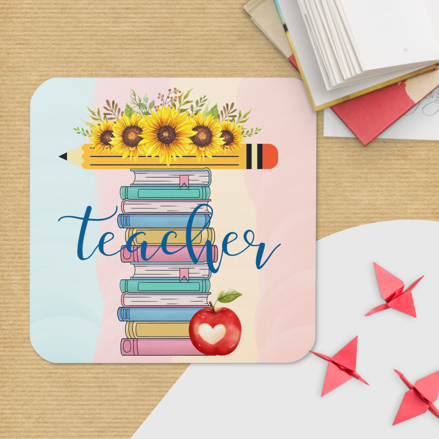 Cork-back coaster | T is for Teacher Floral Pencil Books Apple