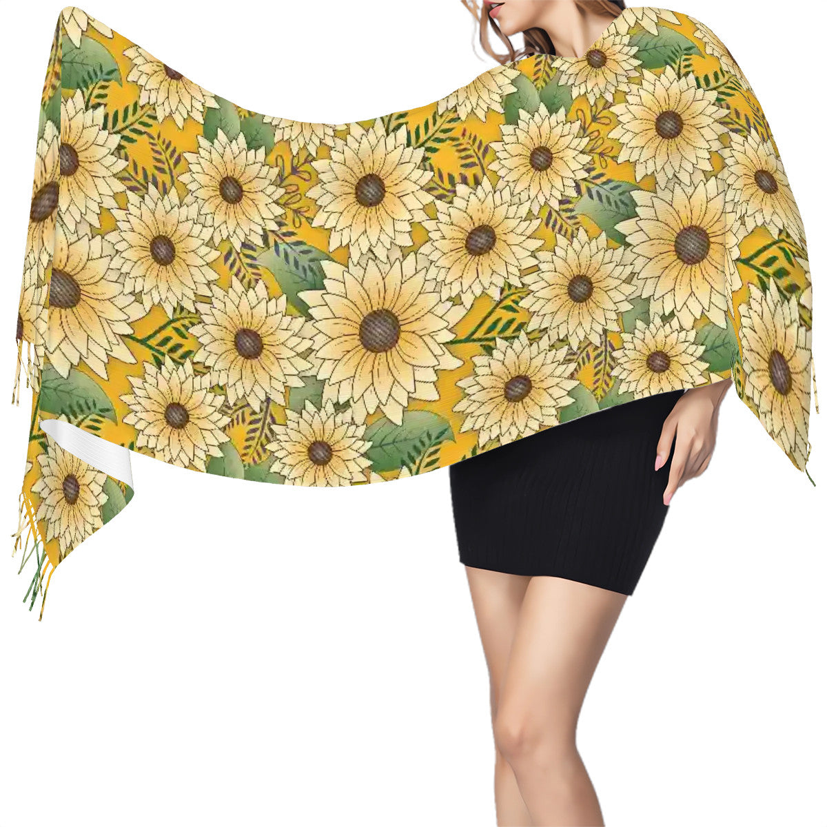 Fringed Scarf | Bold Floral Design Yellow Sunny Sunflower Garden