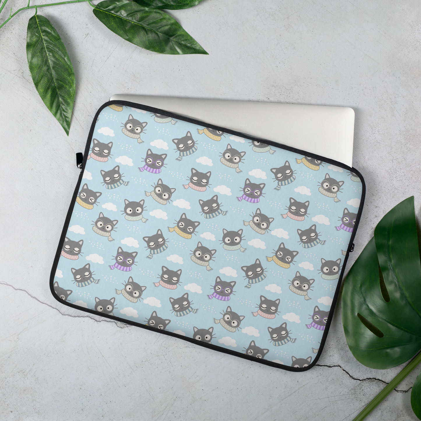 Laptop Sleeve 13" or 15" | Gray Cat with Scarf in the Cloud