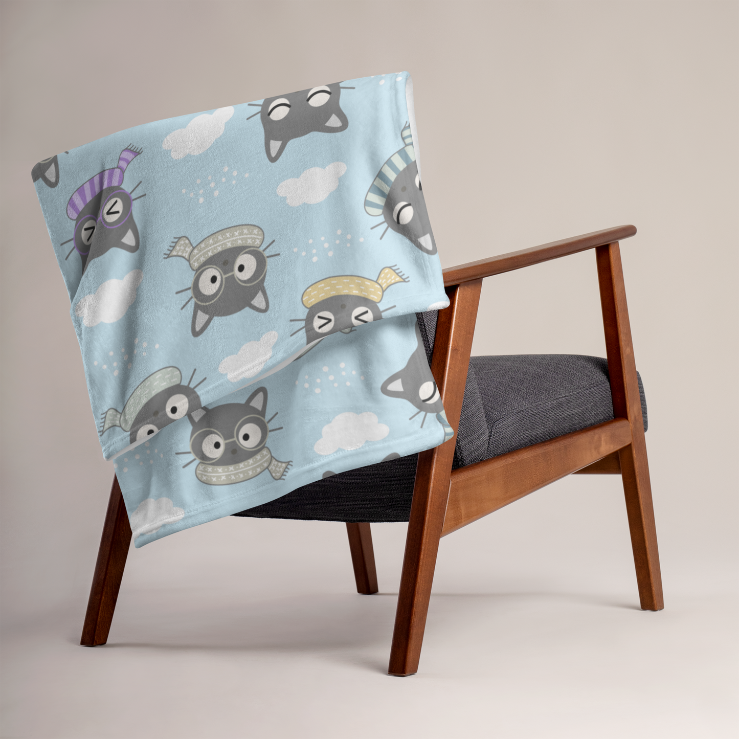 Throw Blanket | Gray Cat with Scarf in the Cloud