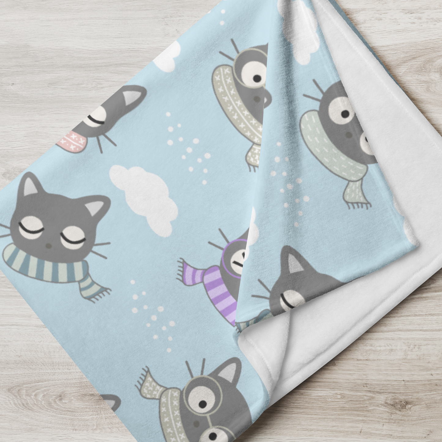 Throw Blanket | Gray Cat with Scarf in the Cloud