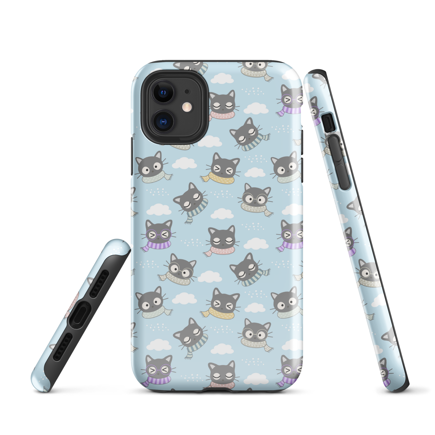 Tough case for iPhone 11, 12, 13, 14, 15 Variations | Gray Cat with Scarf in the Cloud