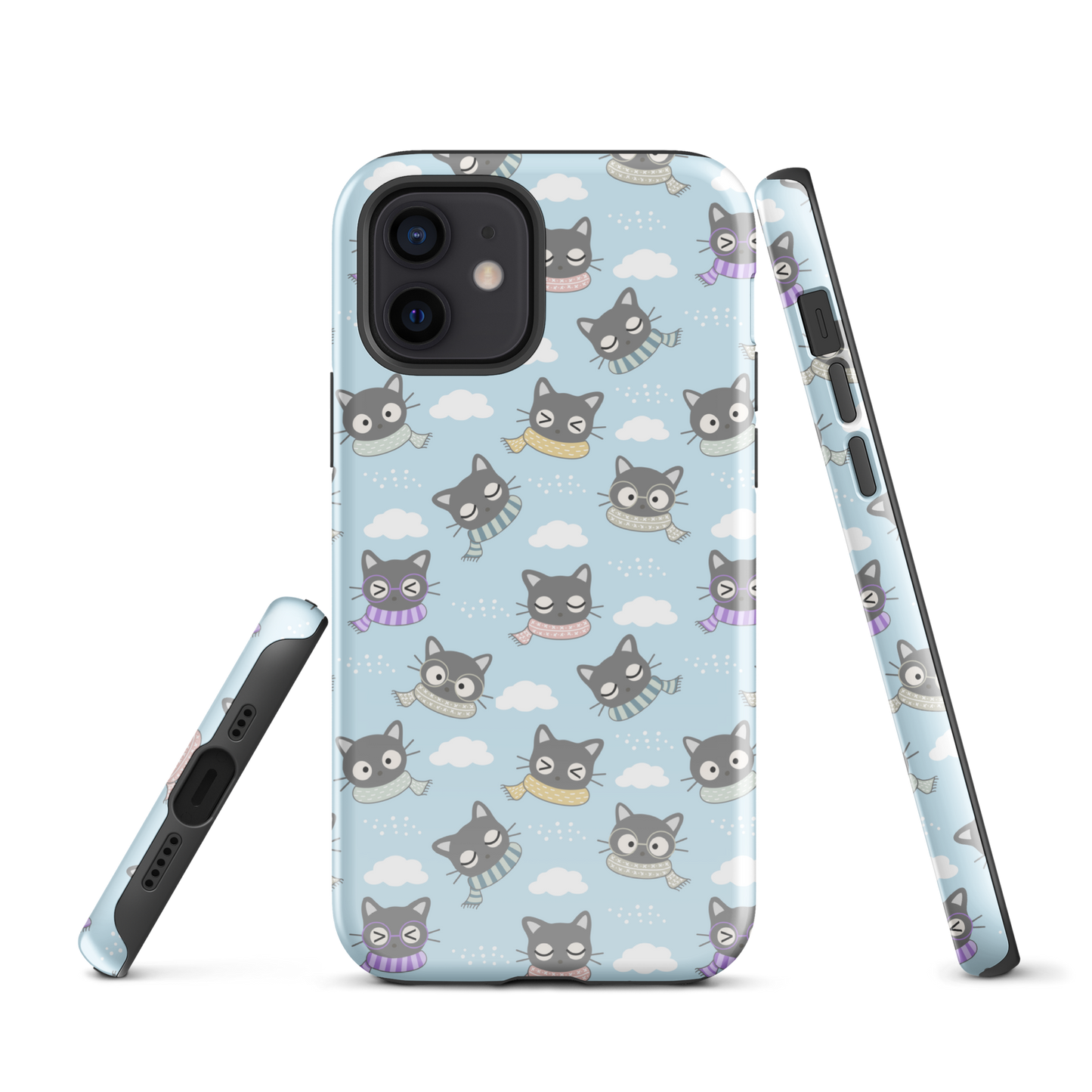 Tough case for iPhone 11, 12, 13, 14, 15 Variations | Gray Cat with Scarf in the Cloud