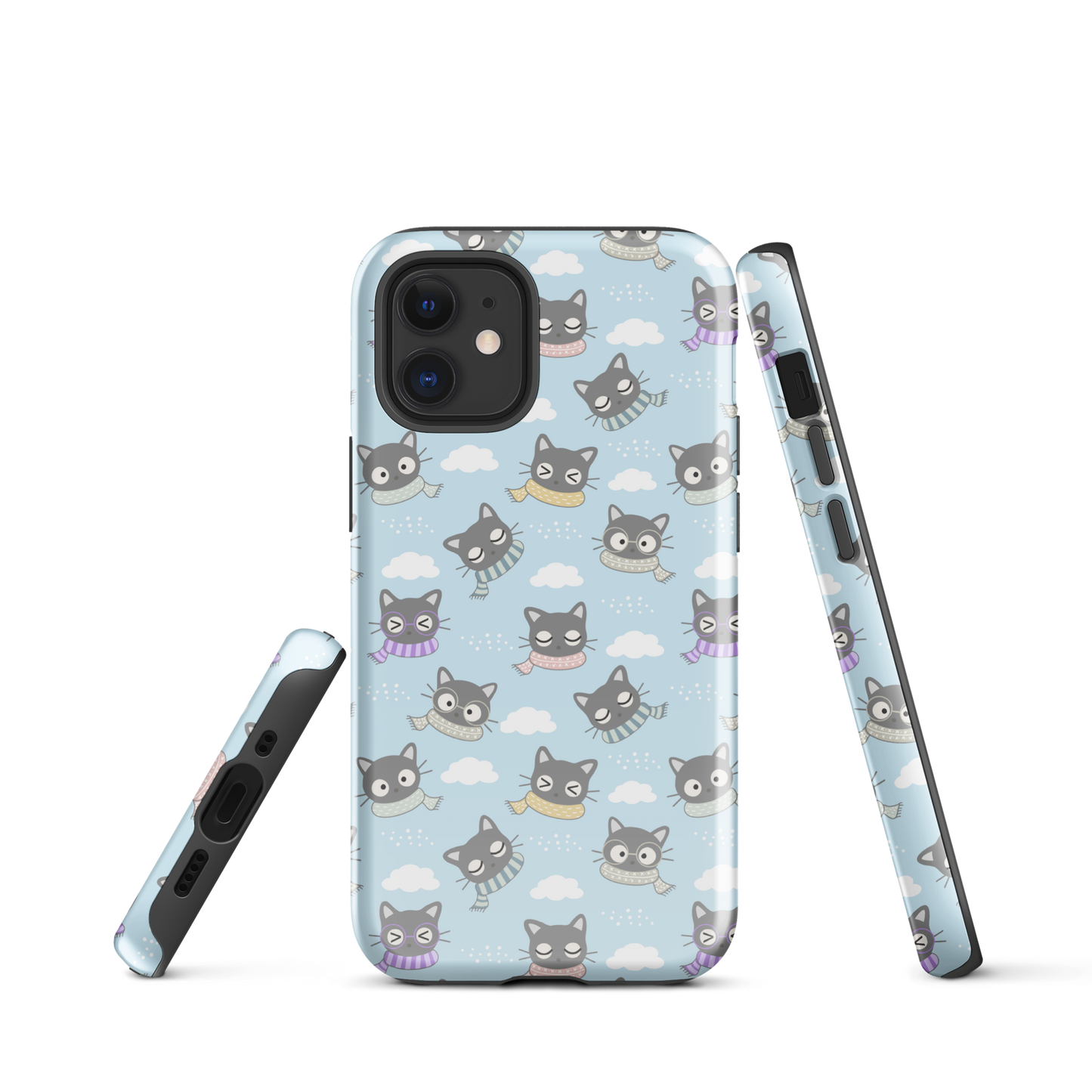 Tough case for iPhone 11, 12, 13, 14, 15 Variations | Gray Cat with Scarf in the Cloud