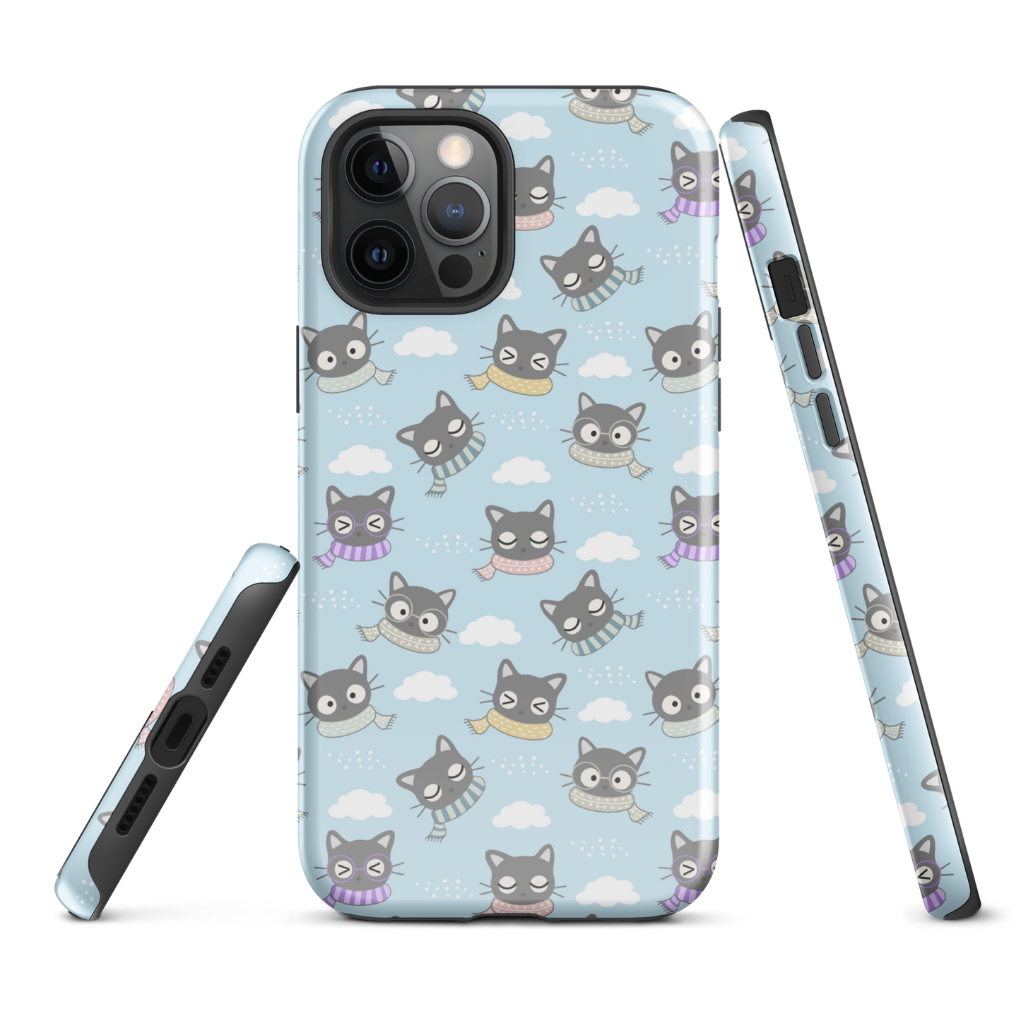 Tough case for iPhone 11, 12, 13, 14, 15 Variations | Gray Cat with Scarf in the Cloud