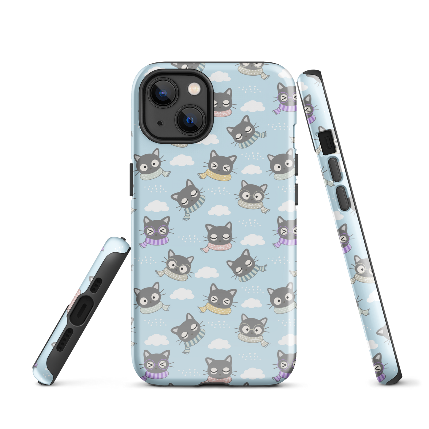 Tough case for iPhone 11, 12, 13, 14, 15 Variations | Gray Cat with Scarf in the Cloud