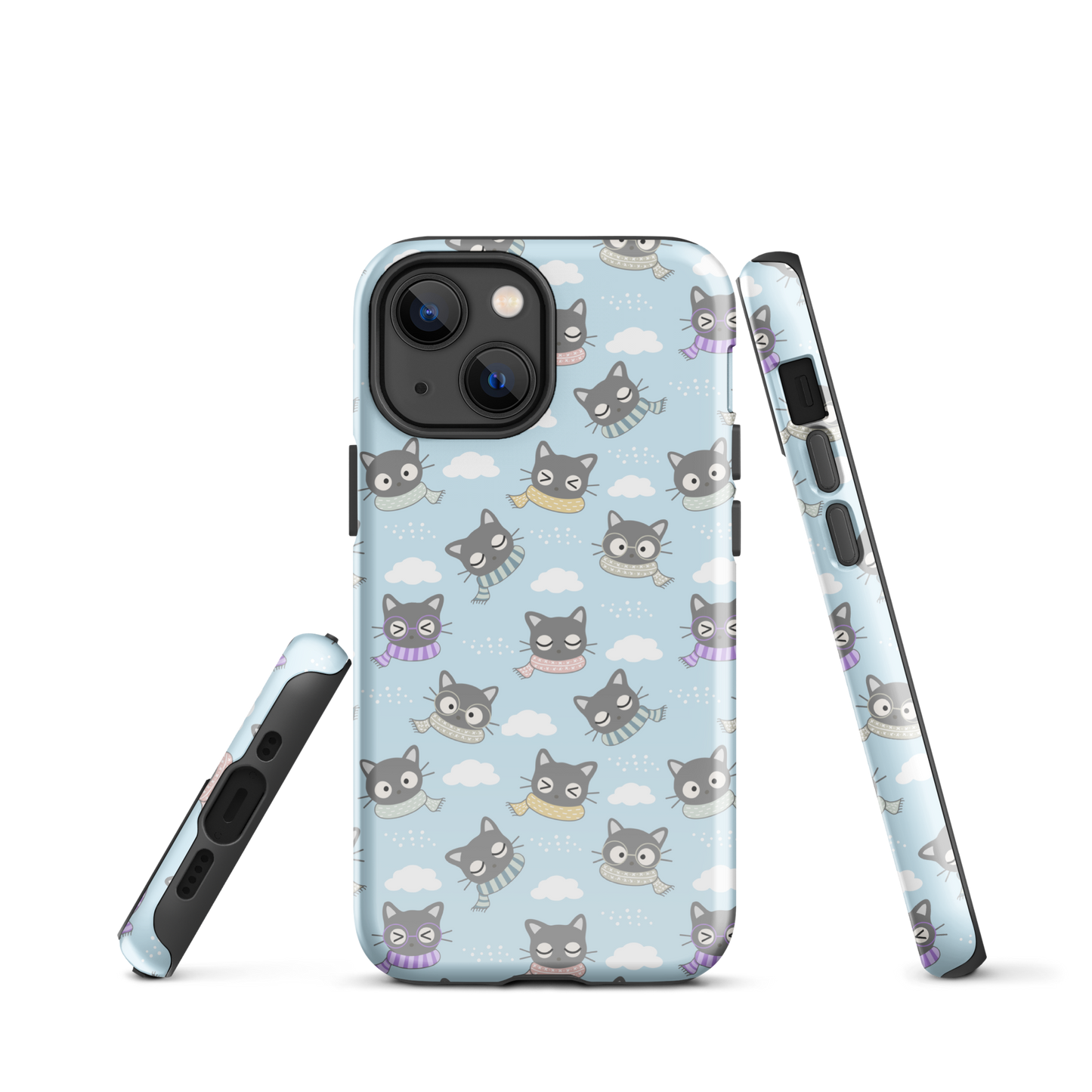 Tough case for iPhone 11, 12, 13, 14, 15 Variations | Gray Cat with Scarf in the Cloud