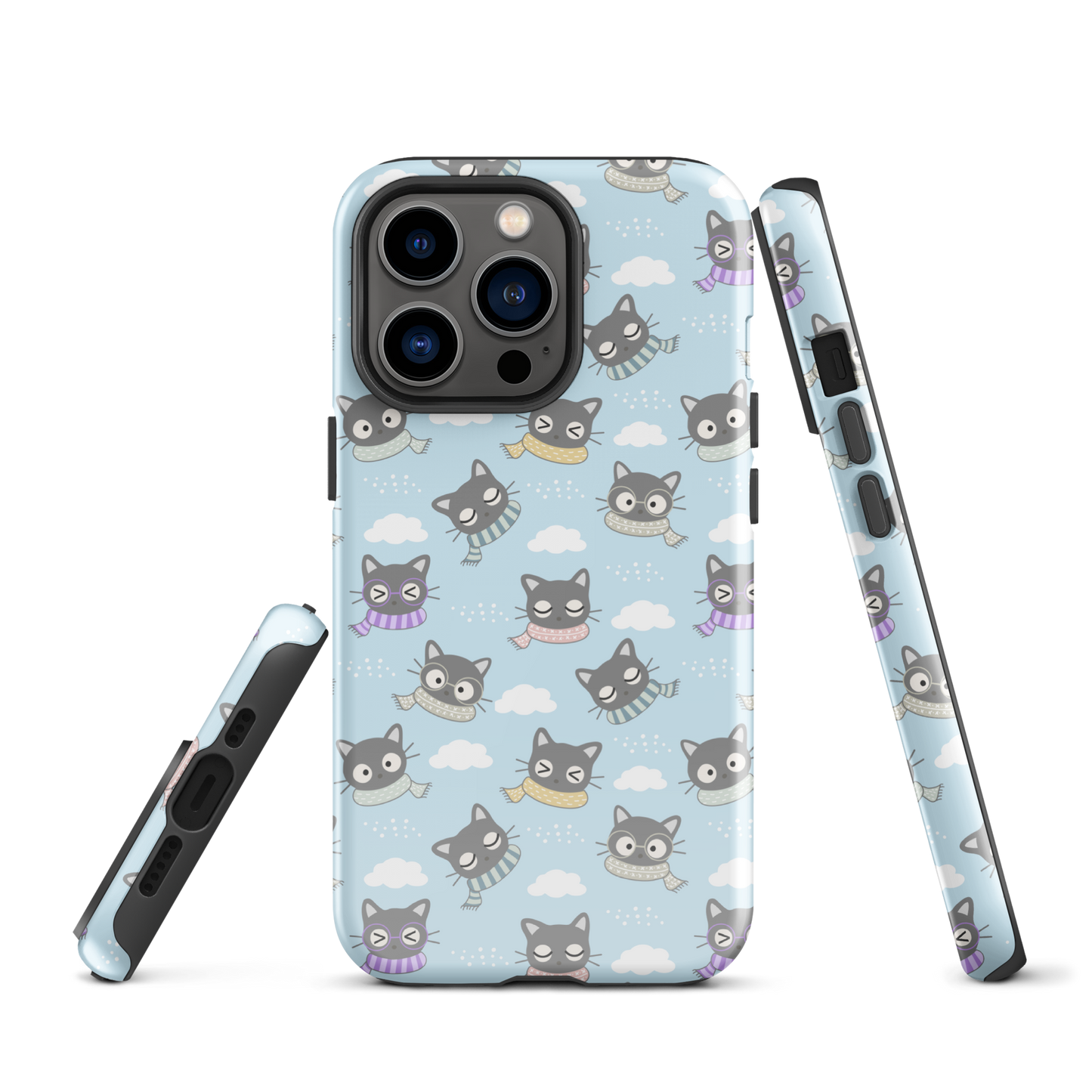 Tough case for iPhone 11, 12, 13, 14, 15 Variations | Gray Cat with Scarf in the Cloud