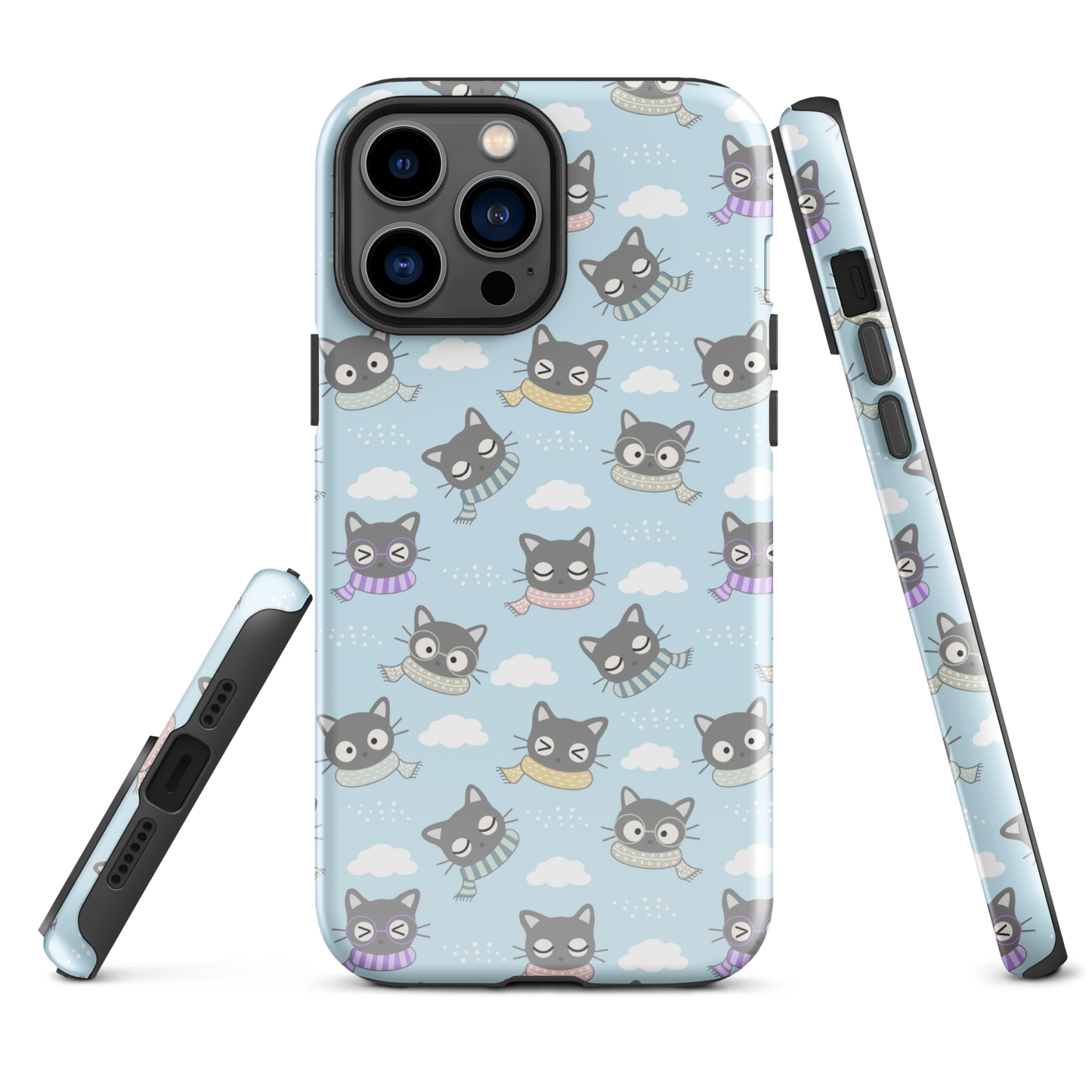 Tough case for iPhone 11, 12, 13, 14, 15 Variations | Gray Cat with Scarf in the Cloud