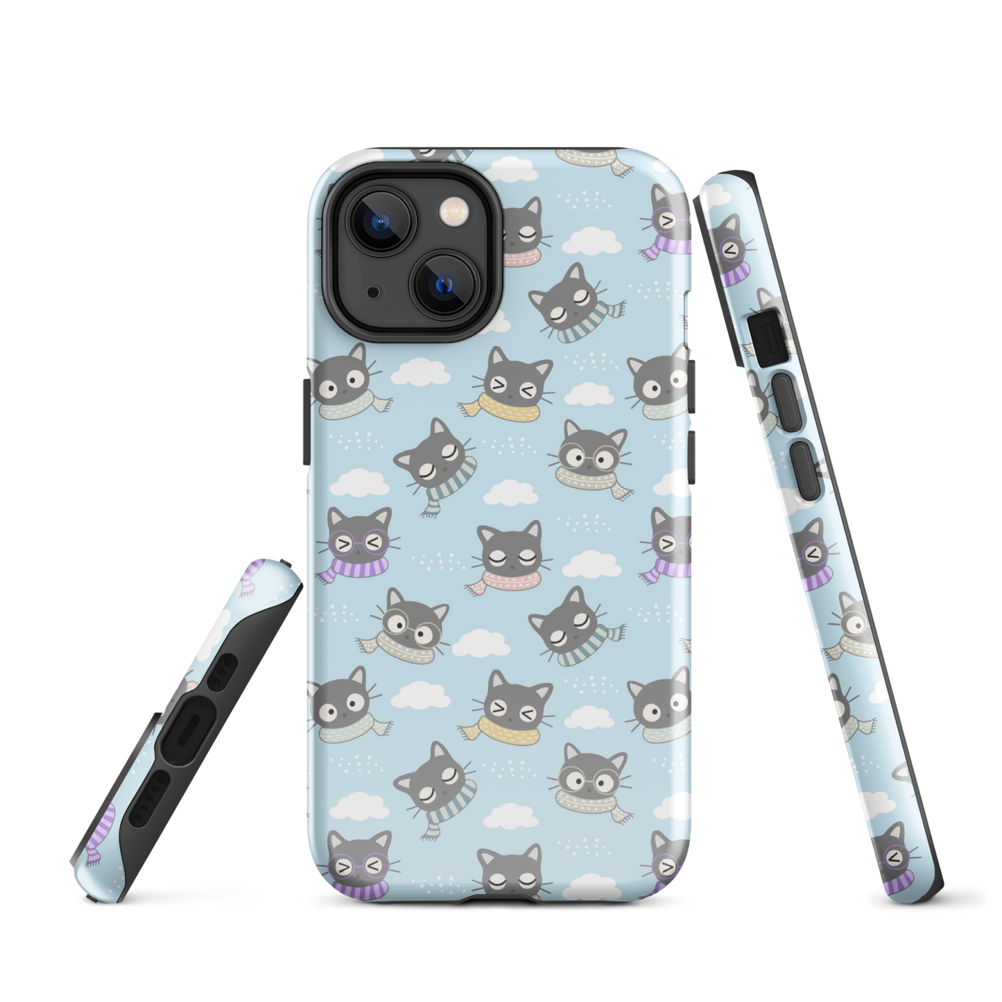 Tough case for iPhone 11, 12, 13, 14, 15 Variations | Gray Cat with Scarf in the Cloud