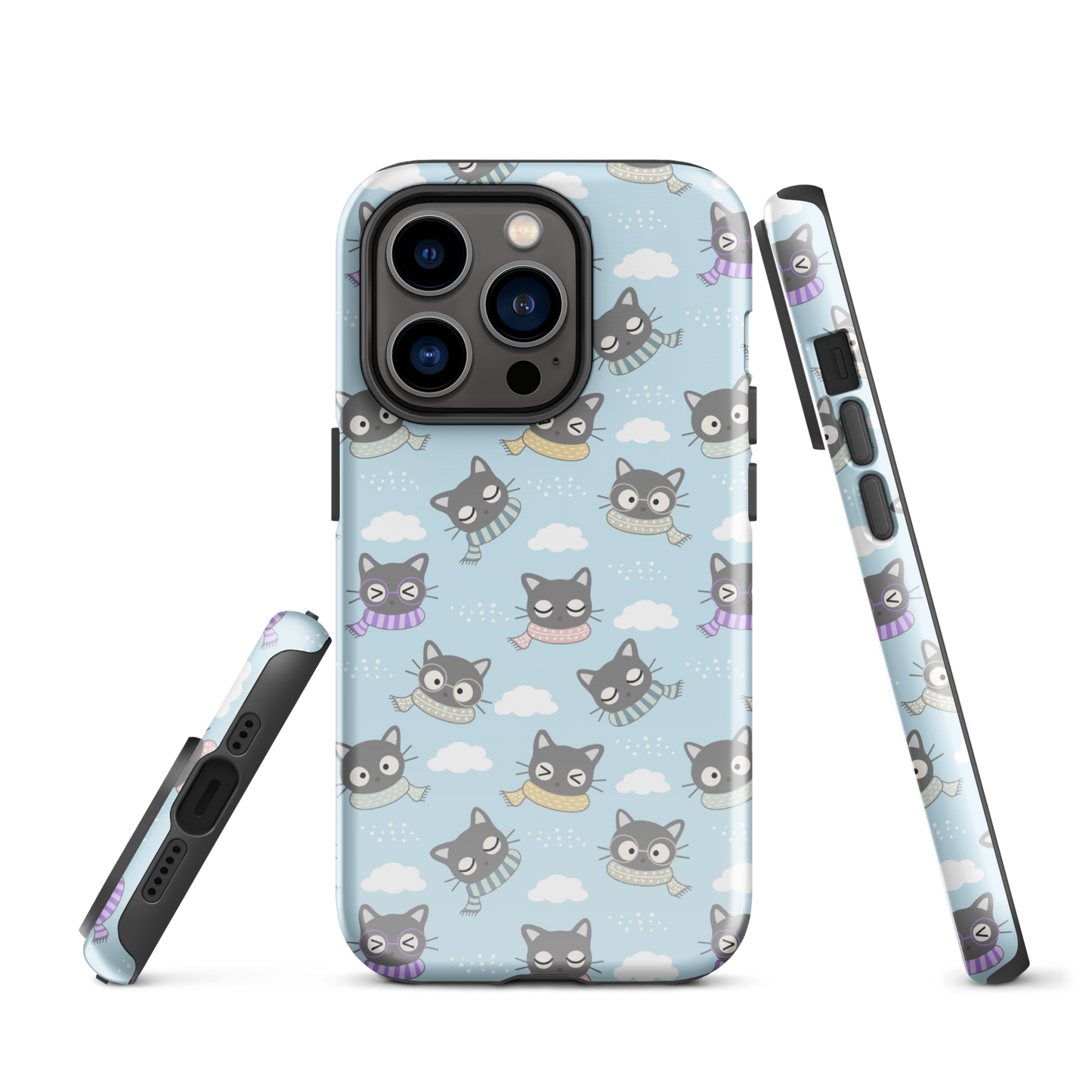 Tough case for iPhone 11, 12, 13, 14, 15 Variations | Gray Cat with Scarf in the Cloud