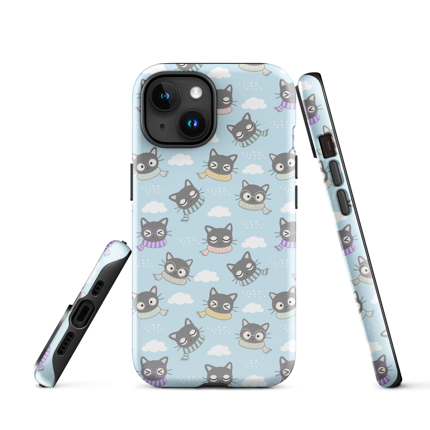 Tough case for iPhone 11, 12, 13, 14, 15 Variations | Gray Cat with Scarf in the Cloud