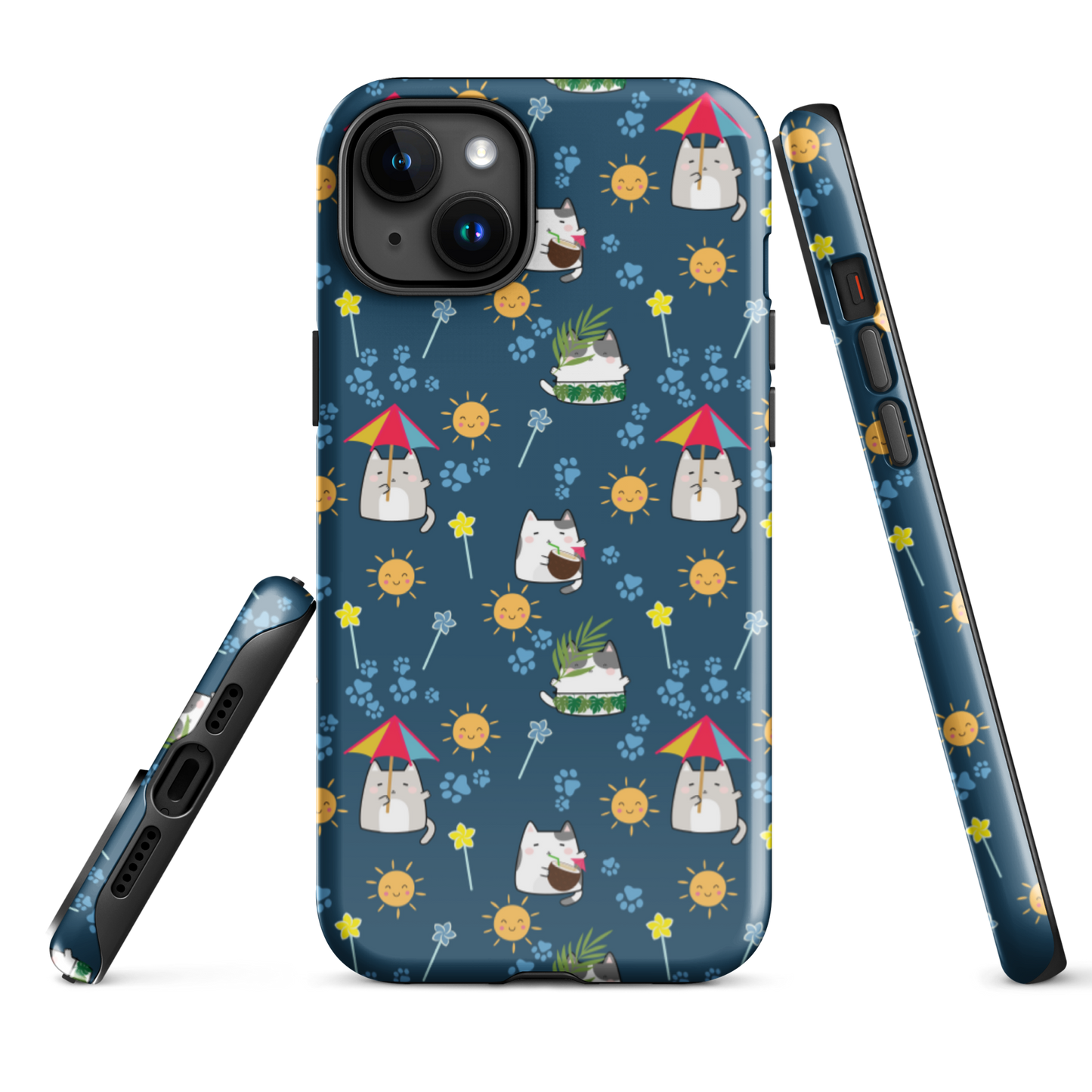 Tough case for iPhone 11, 12, 13, 14, 15 Variations | Cat Summer Umbrella Blue Background