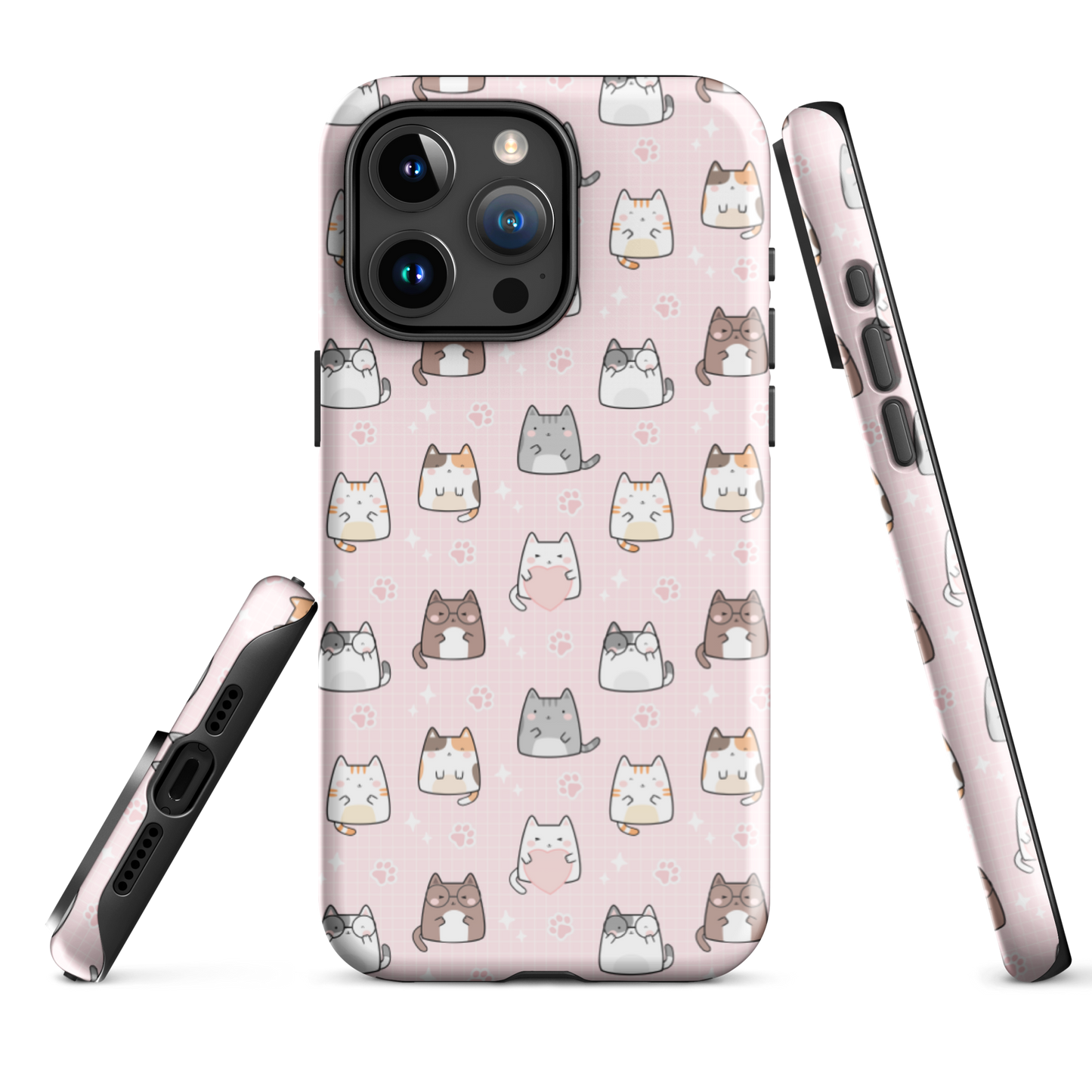 Tough case for iPhone 11, 12, 13, 14, 15 Variations | Cute Cat with Heart Pink Background