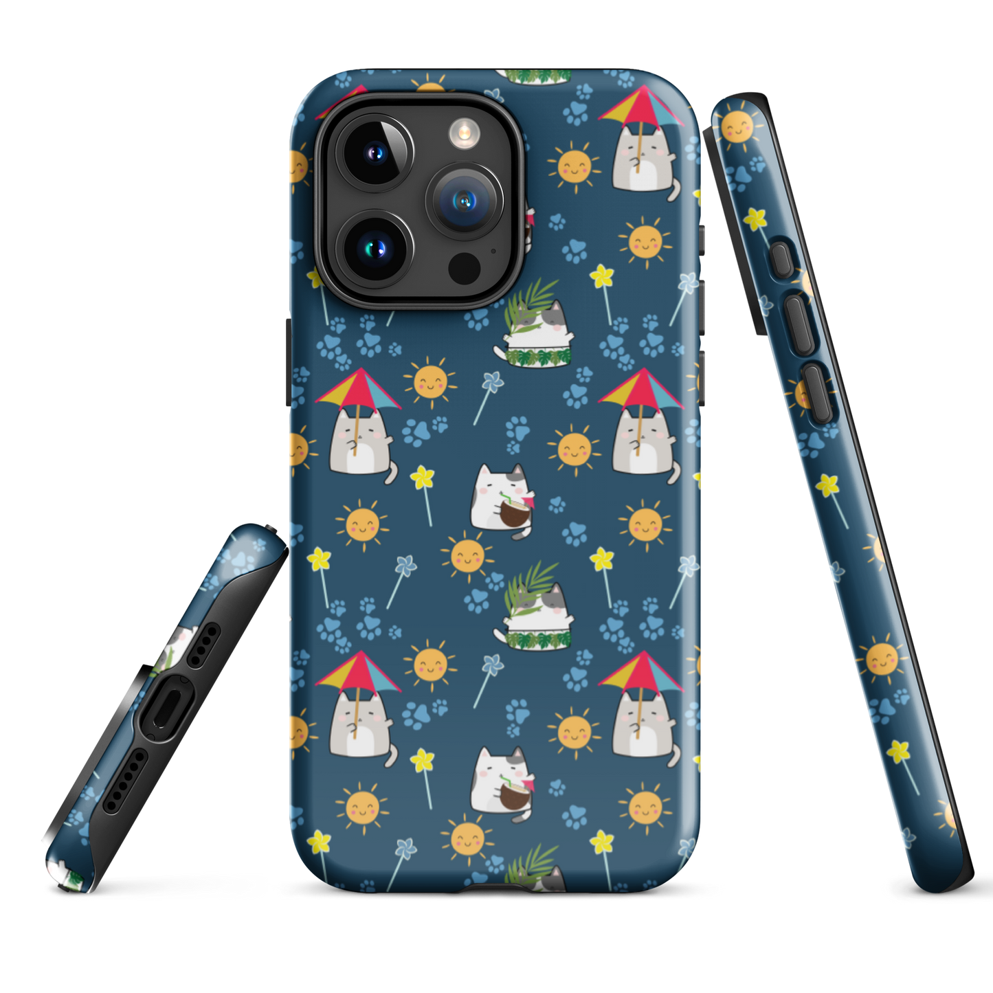 Tough case for iPhone 11, 12, 13, 14, 15 Variations | Cat Summer Umbrella Blue Background