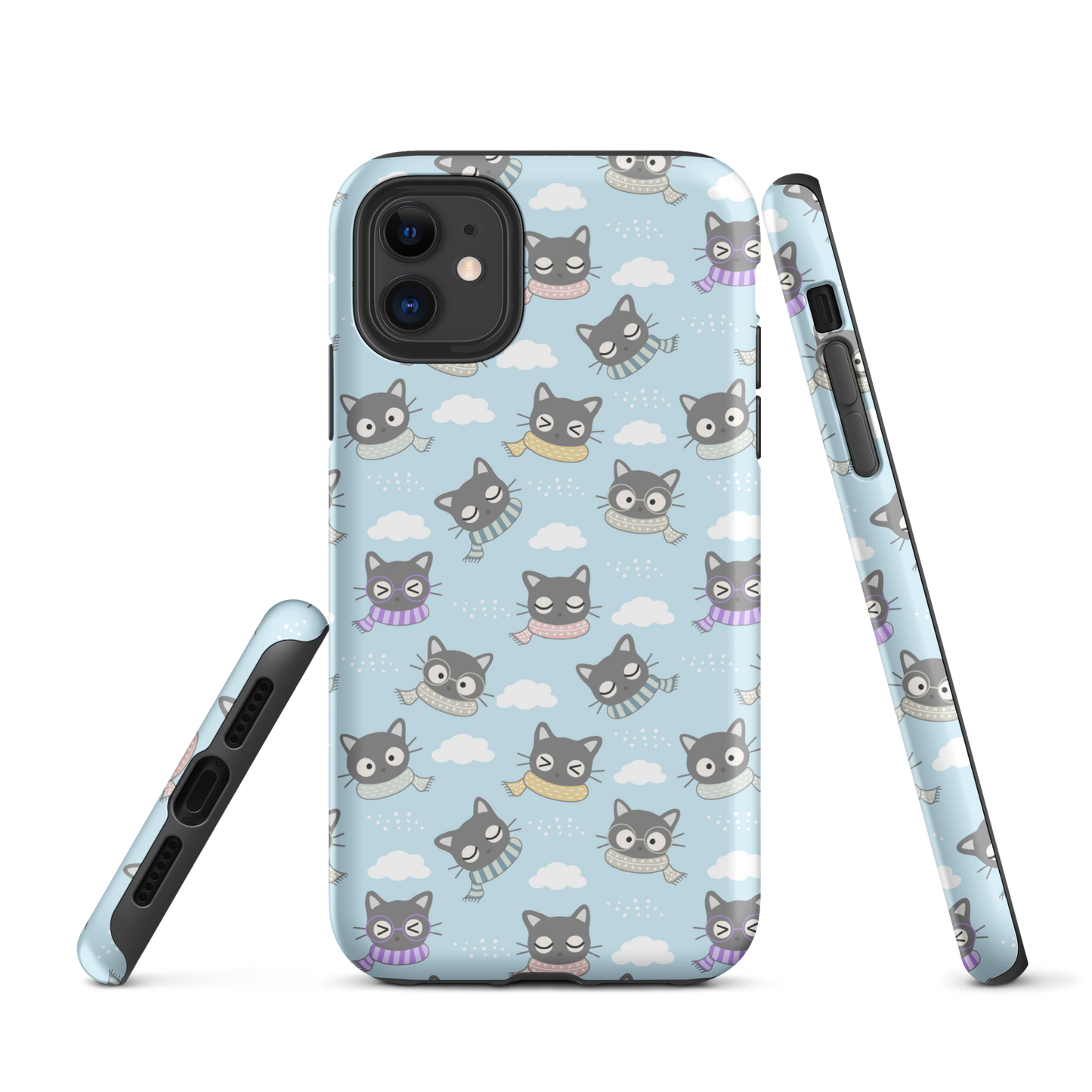 Tough case for iPhone 11, 12, 13, 14, 15 Variations | Gray Cat with Scarf in the Cloud