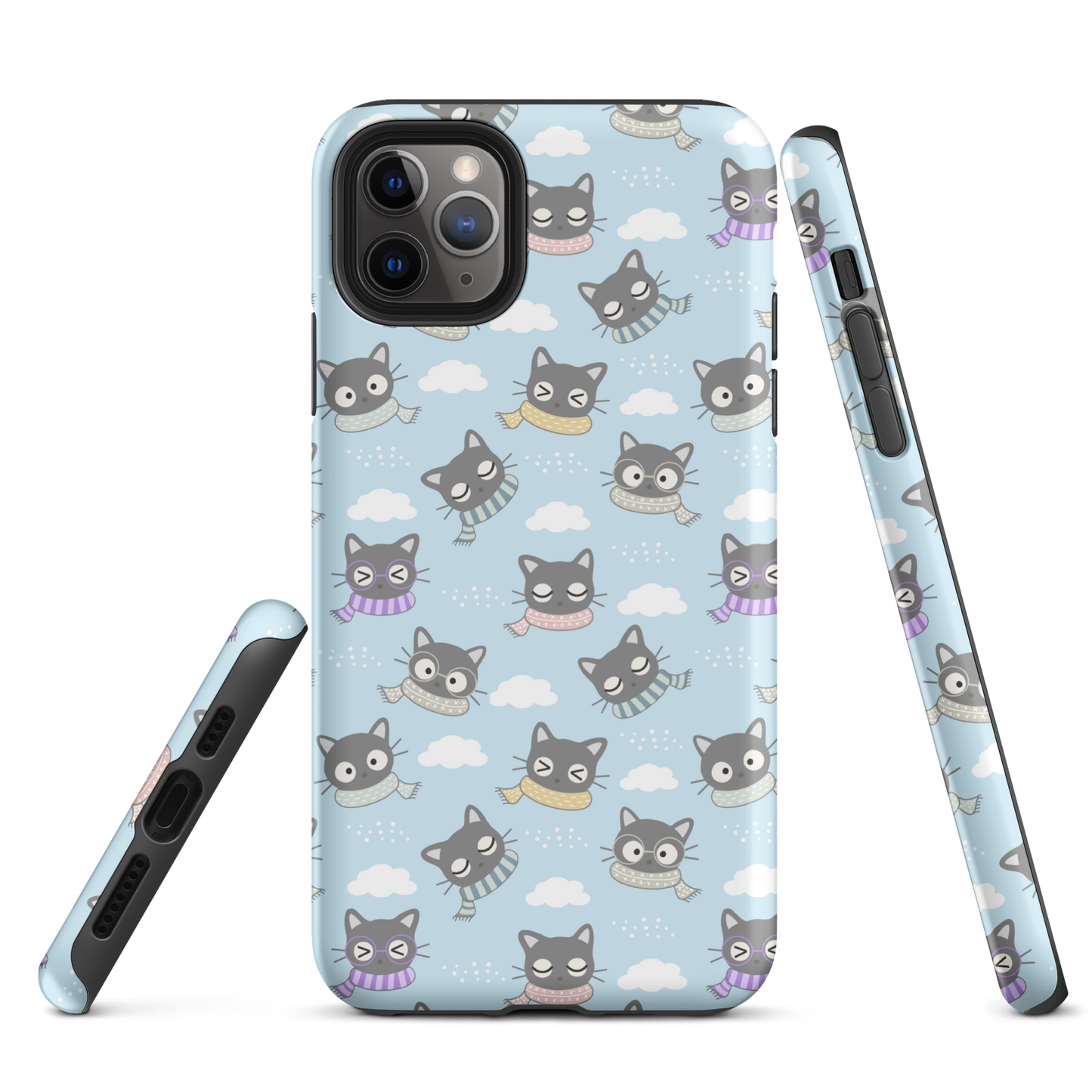 Tough case for iPhone 11, 12, 13, 14, 15 Variations | Gray Cat with Scarf in the Cloud