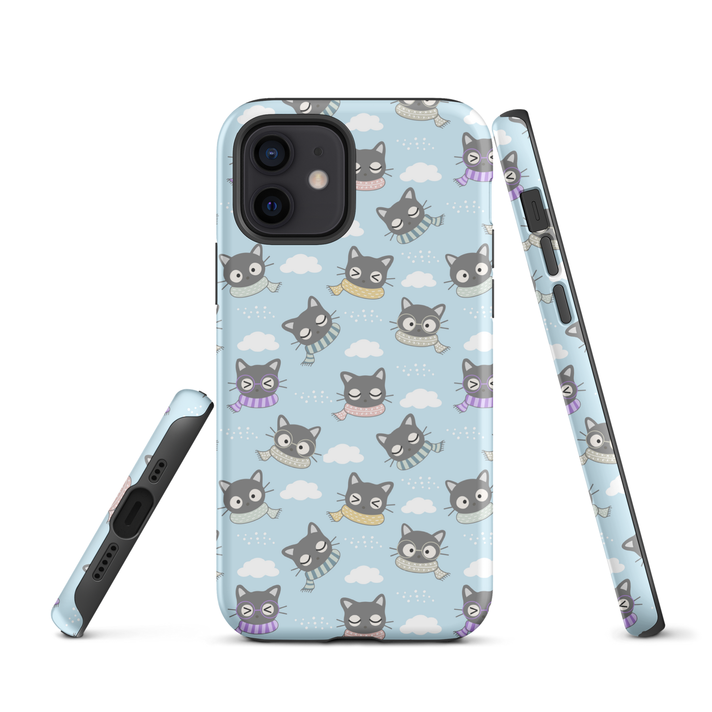 Tough case for iPhone 11, 12, 13, 14, 15 Variations | Gray Cat with Scarf in the Cloud