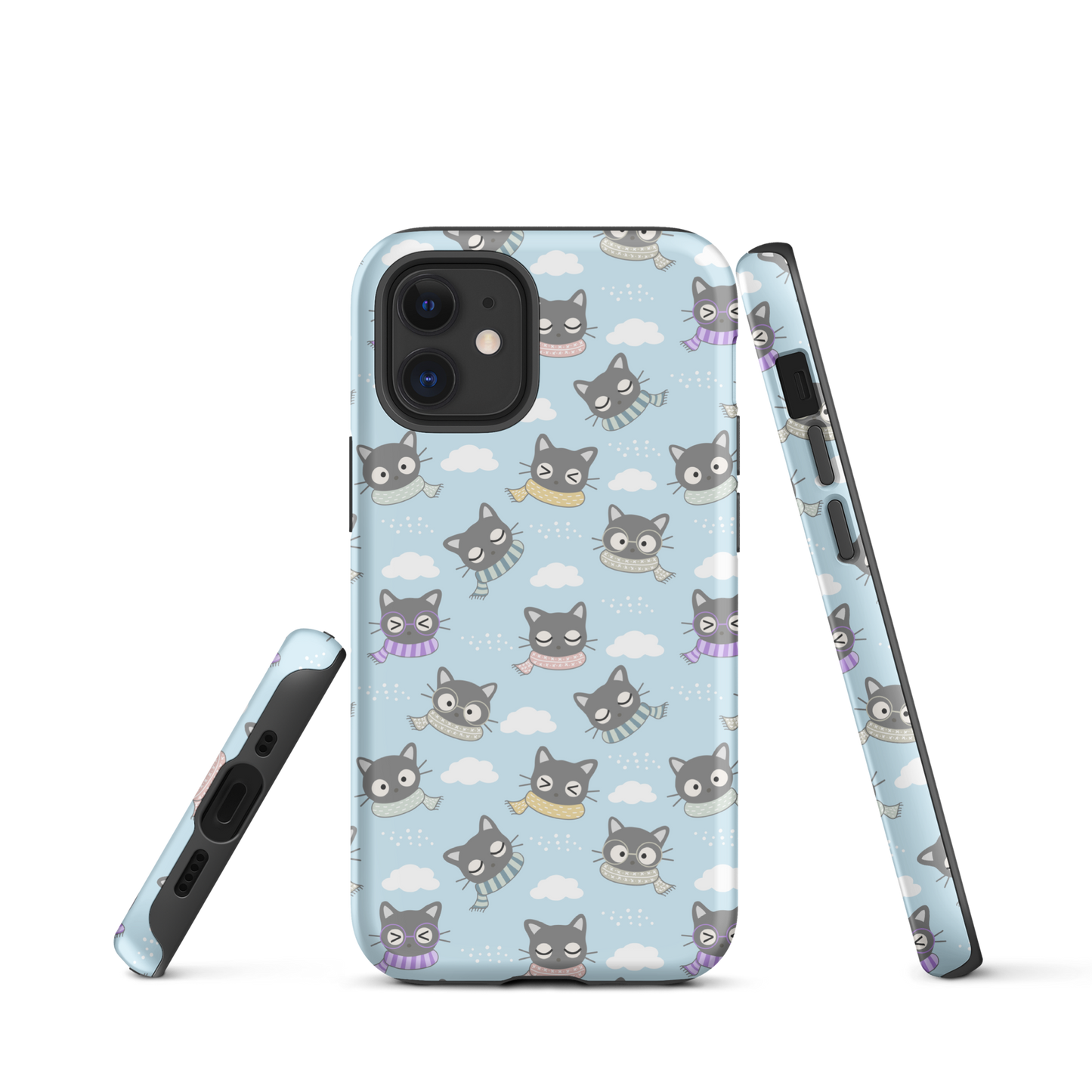 Tough case for iPhone 11, 12, 13, 14, 15 Variations | Gray Cat with Scarf in the Cloud