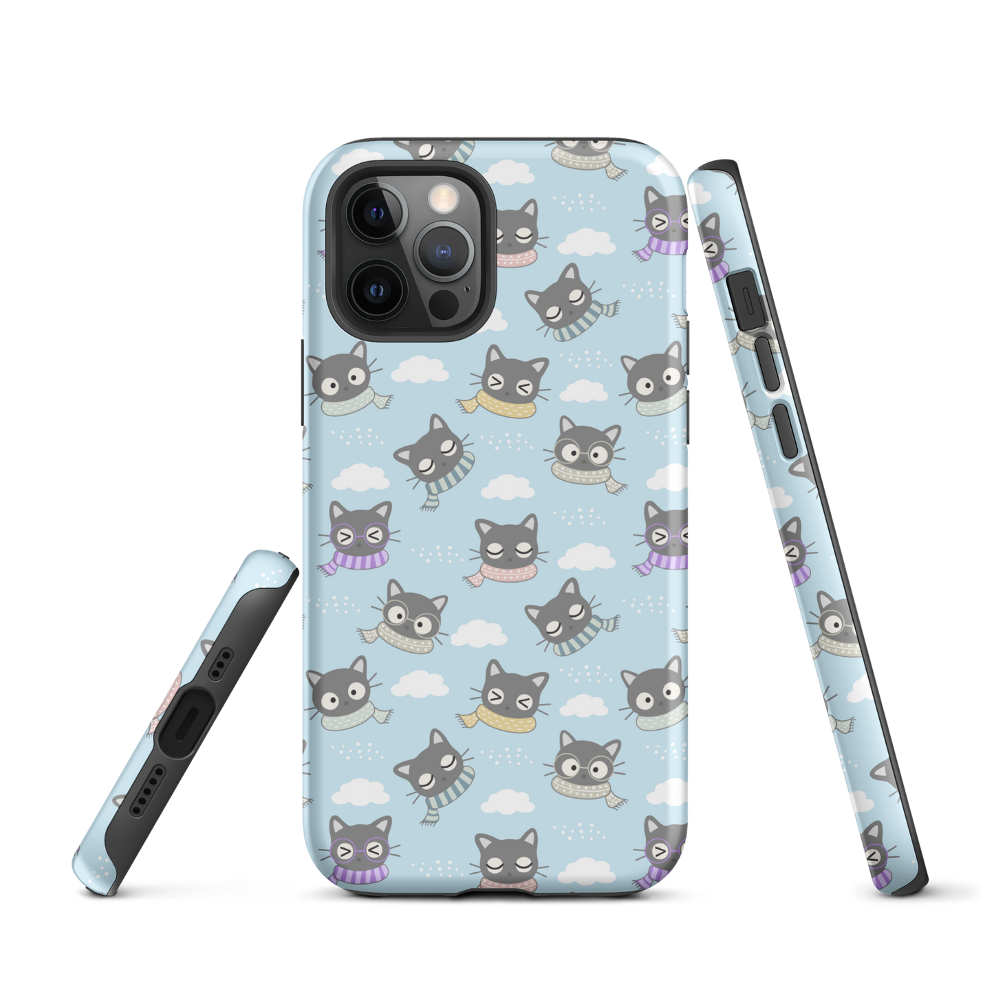 Tough case for iPhone 11, 12, 13, 14, 15 Variations | Gray Cat with Scarf in the Cloud