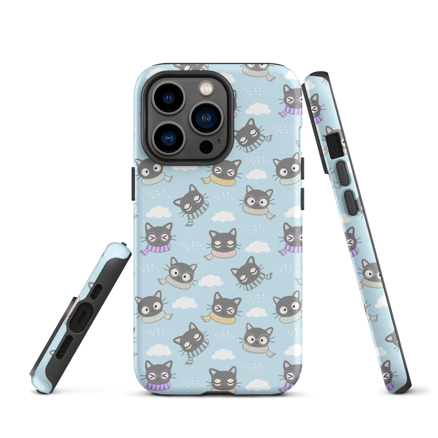 Tough case for iPhone 11, 12, 13, 14, 15 Variations | Gray Cat with Scarf in the Cloud