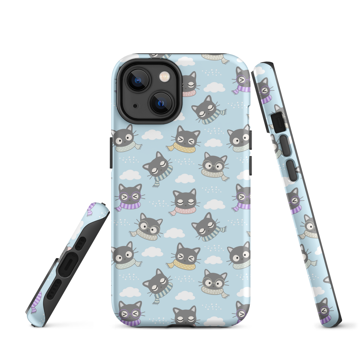 Tough case for iPhone 11, 12, 13, 14, 15 Variations | Gray Cat with Scarf in the Cloud