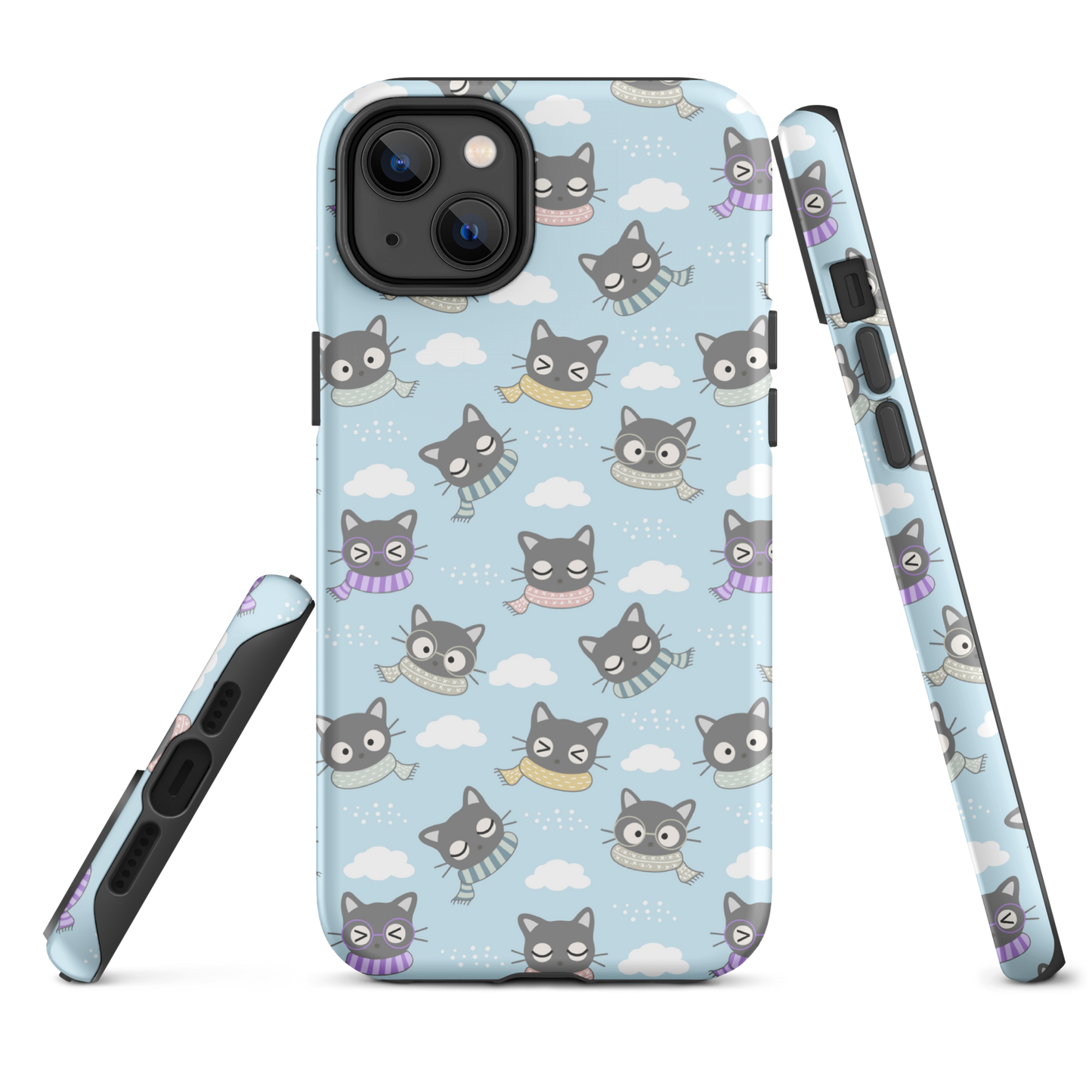 Tough case for iPhone 11, 12, 13, 14, 15 Variations | Gray Cat with Scarf in the Cloud