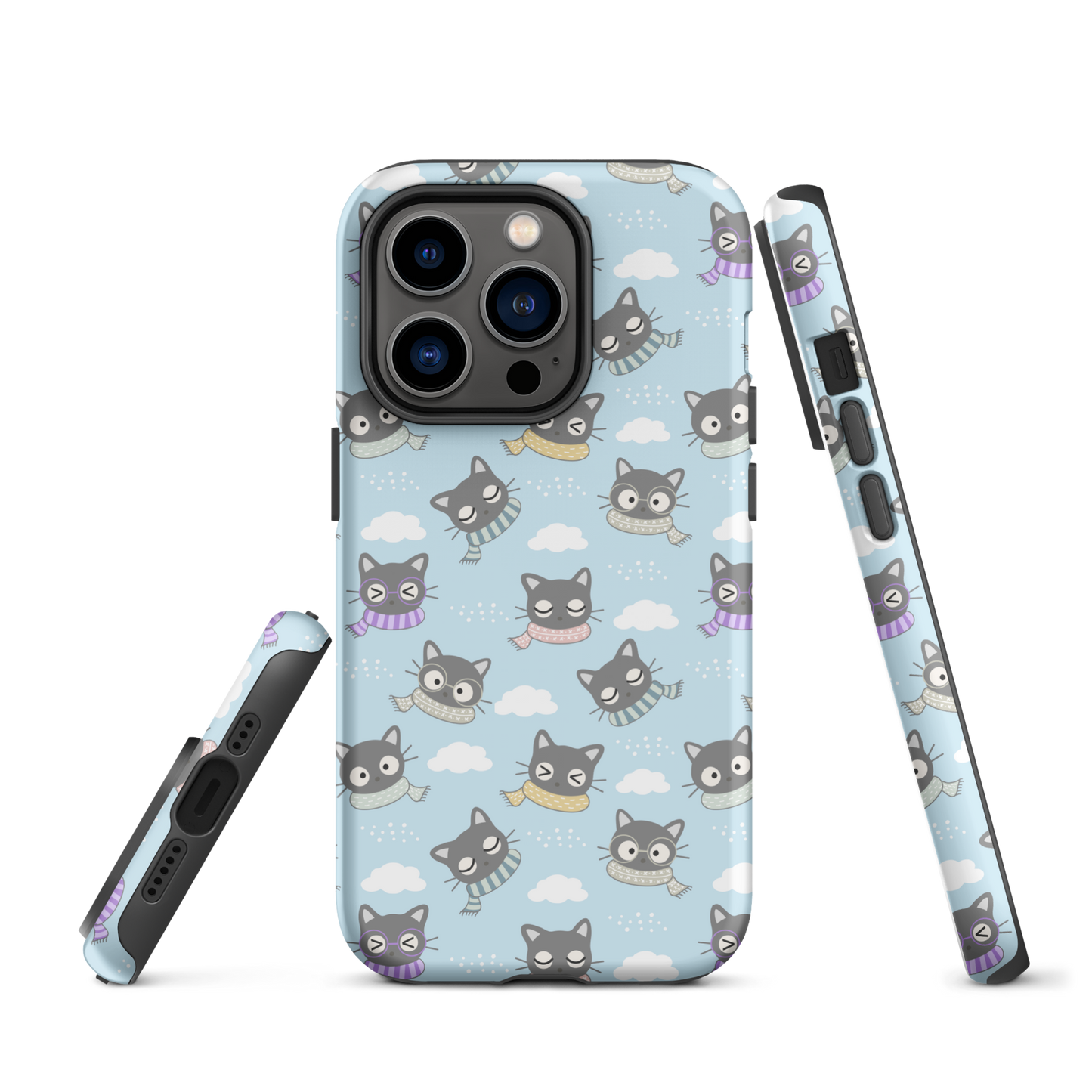 Tough case for iPhone 11, 12, 13, 14, 15 Variations | Gray Cat with Scarf in the Cloud