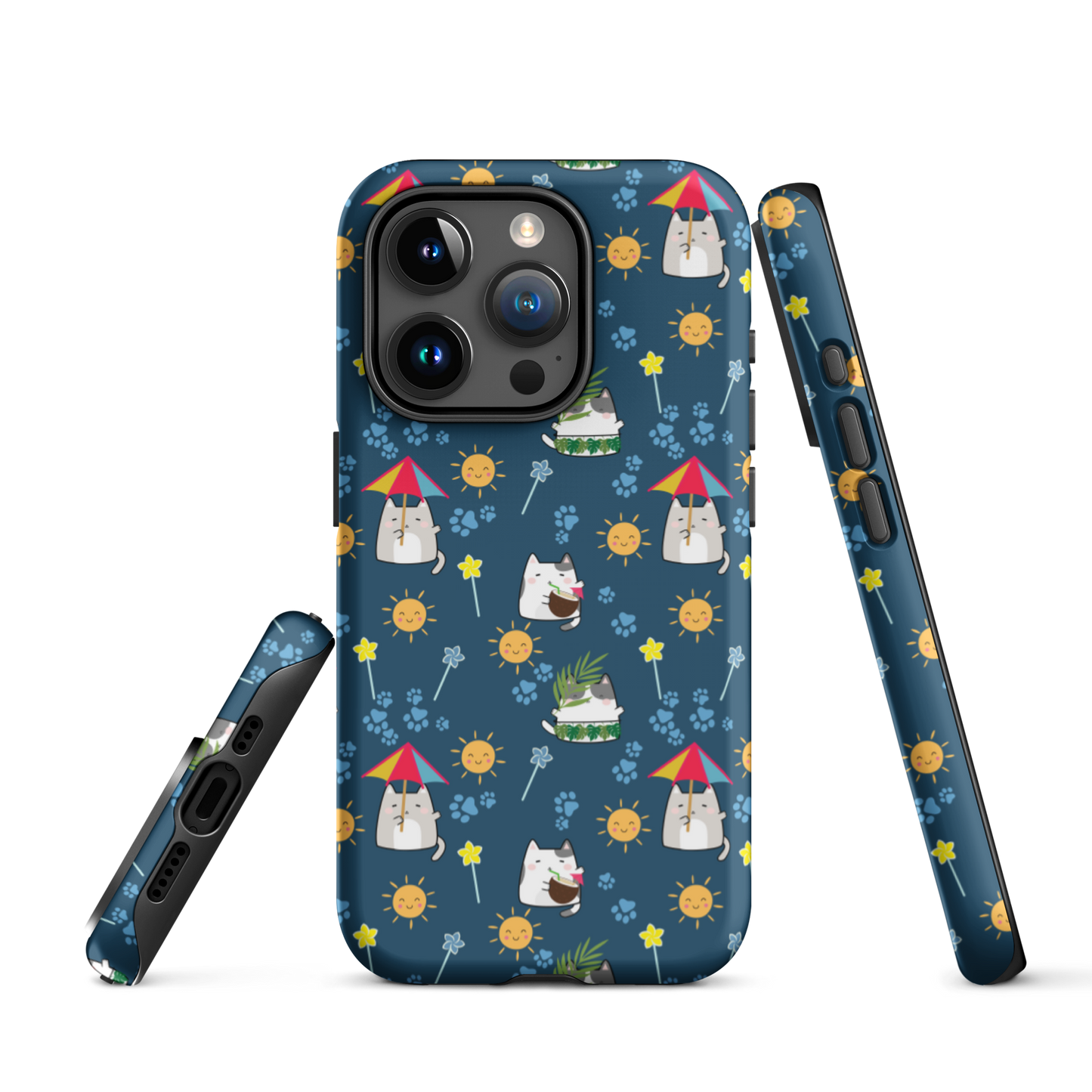 Tough case for iPhone 11, 12, 13, 14, 15 Variations | Cat Summer Umbrella Blue Background