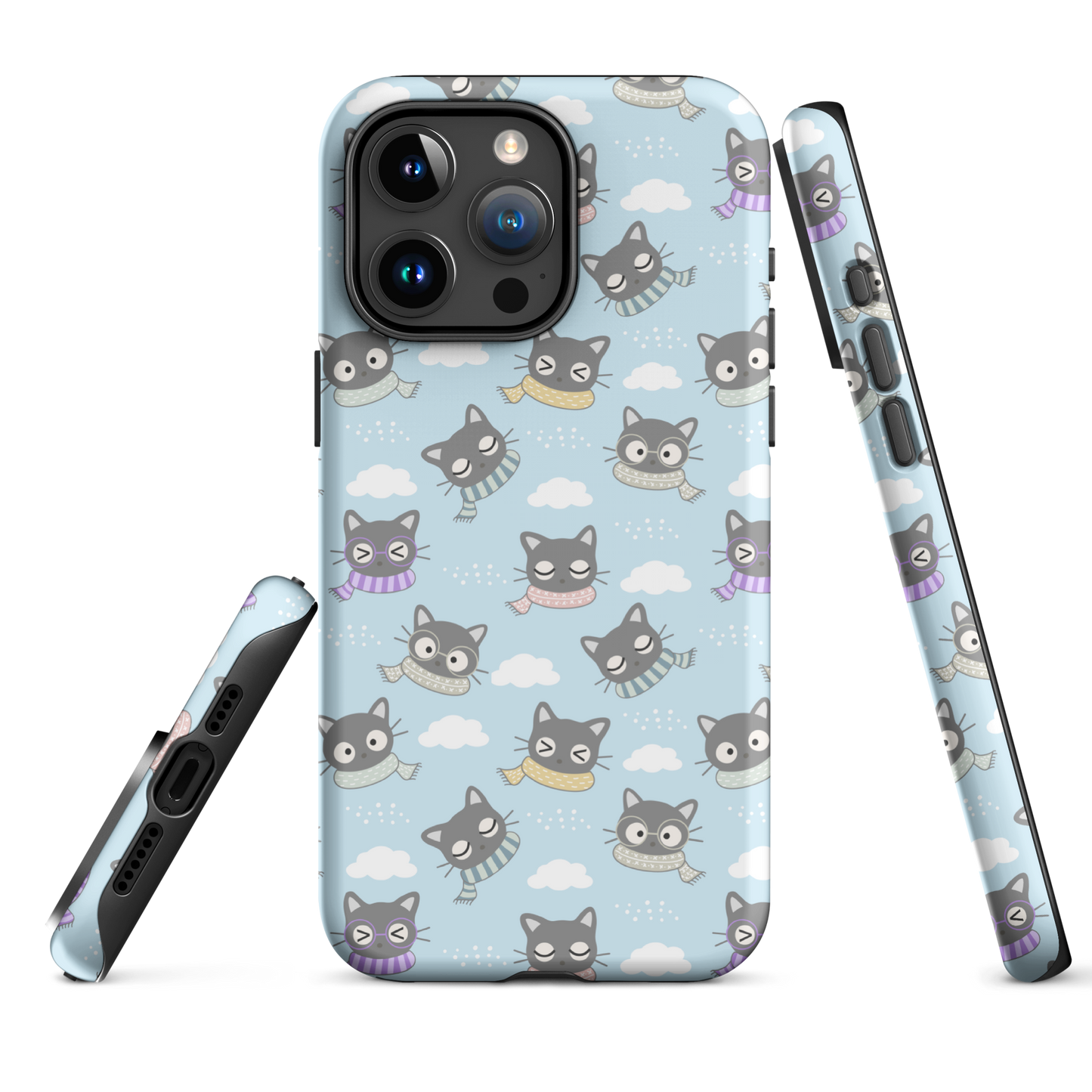 Tough case for iPhone 11, 12, 13, 14, 15 Variations | Gray Cat with Scarf in the Cloud